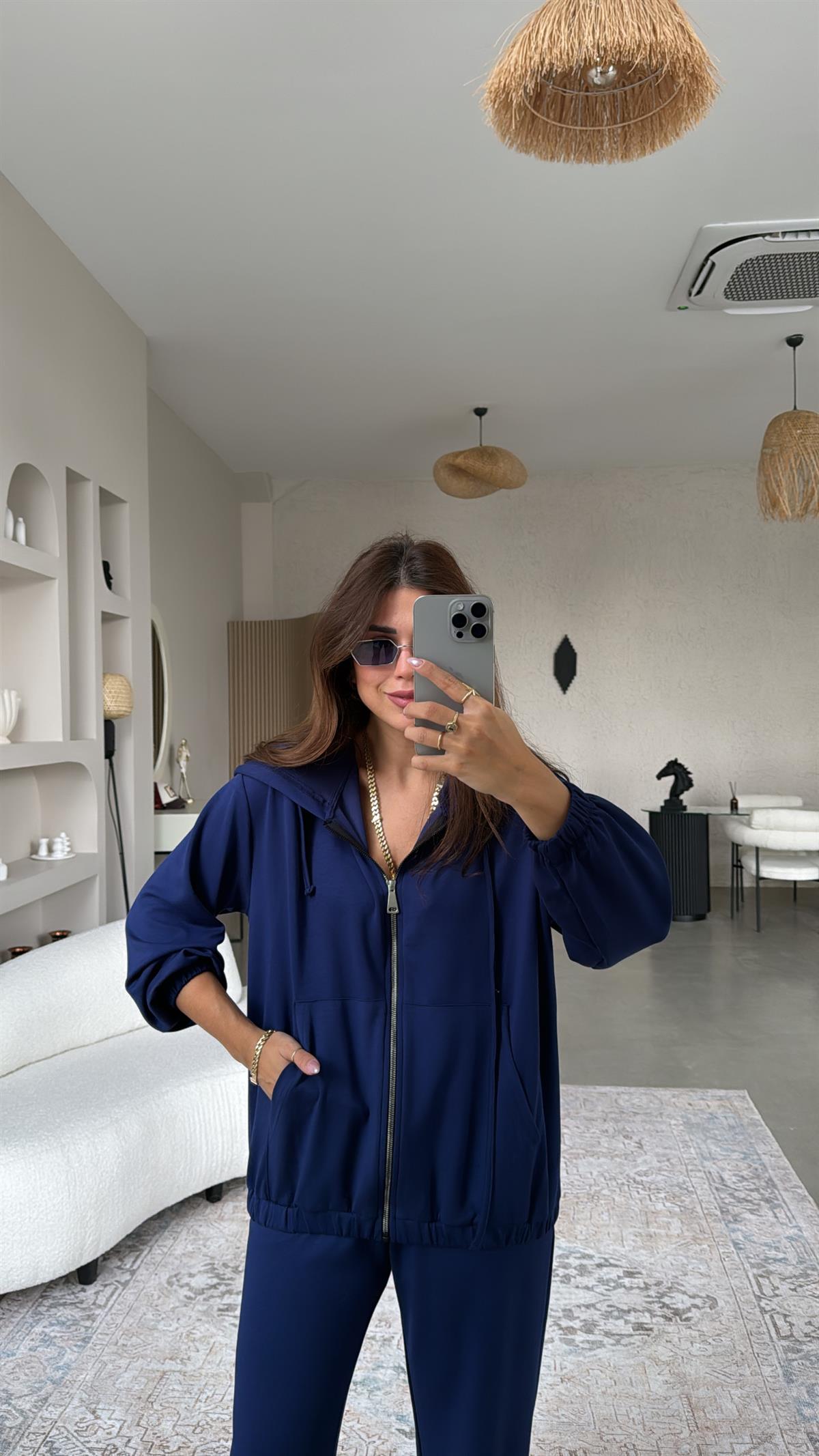 Lacivert Paça Lastikli Fermuarlı Ceketli Takım