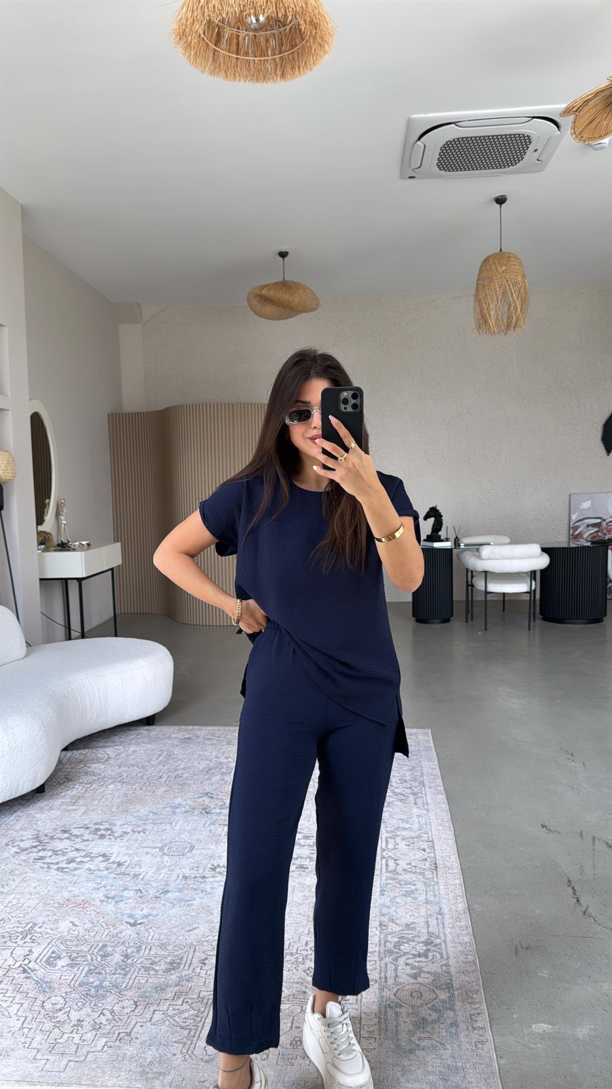 Lacivert Paça Pensli Pantolon Bluz Takım