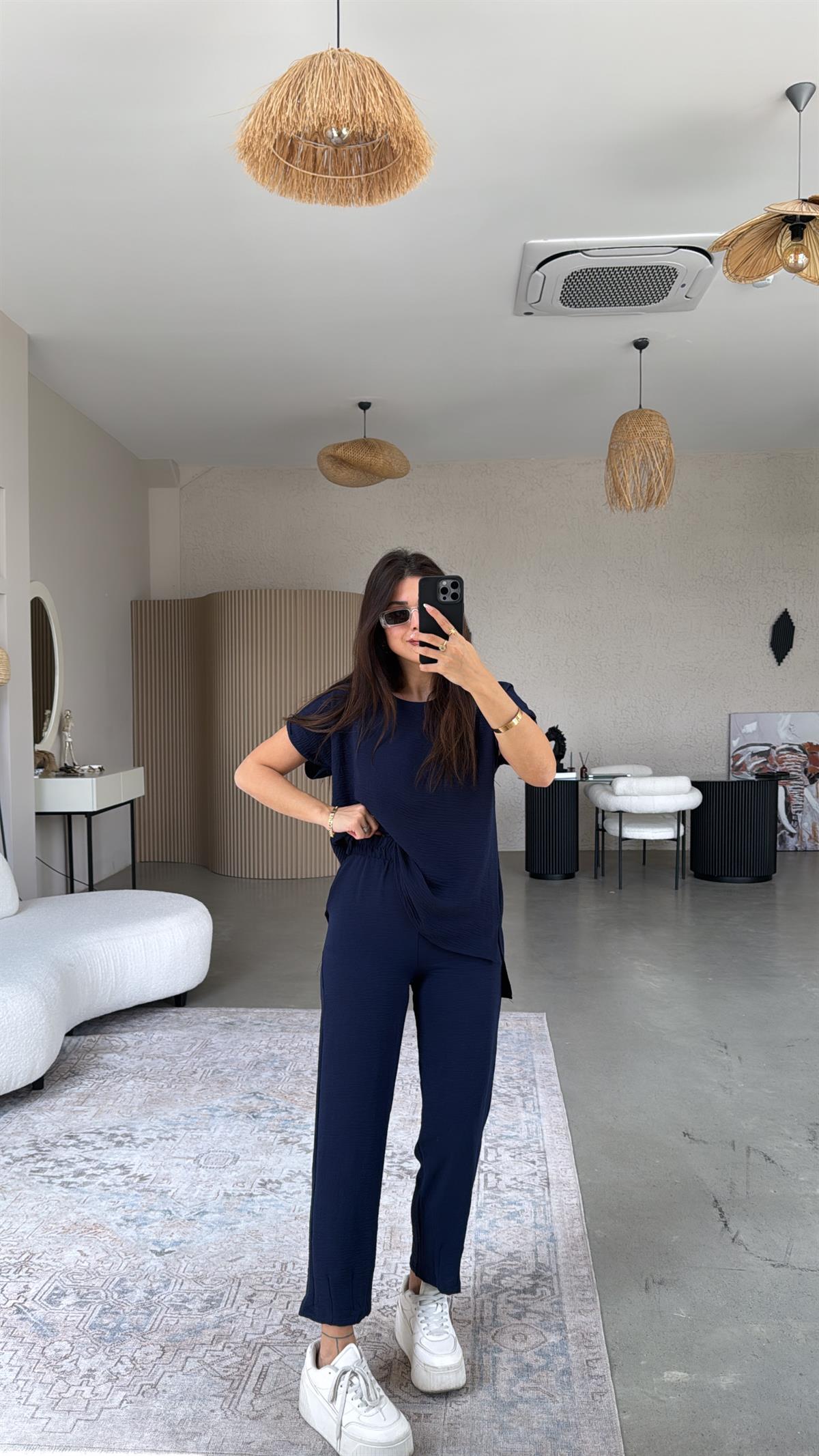 Lacivert Paça Pensli Pantolon Bluz Takım