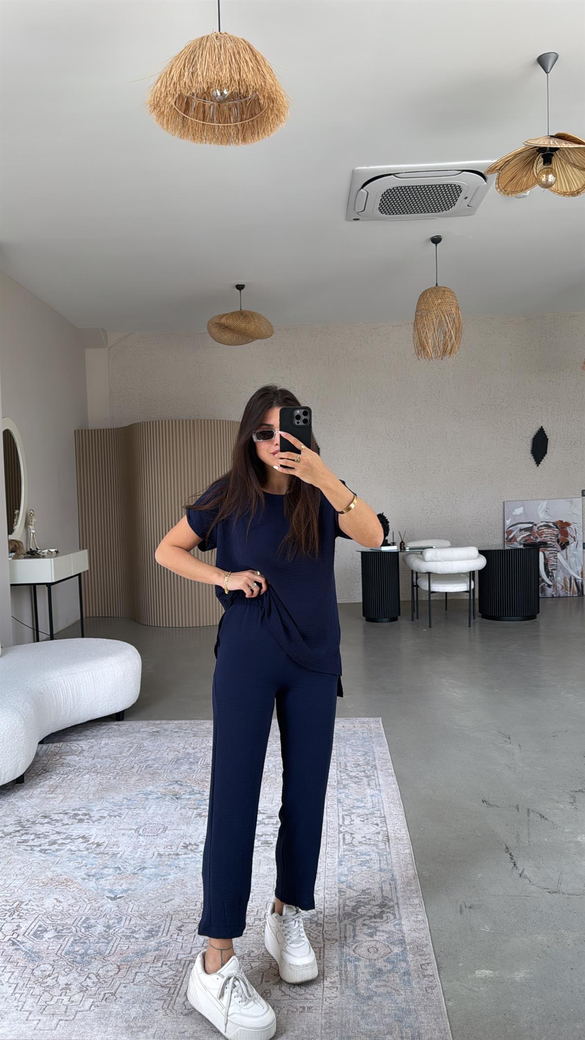 Lacivert Paça Pensli Pantolon Bluz Takım