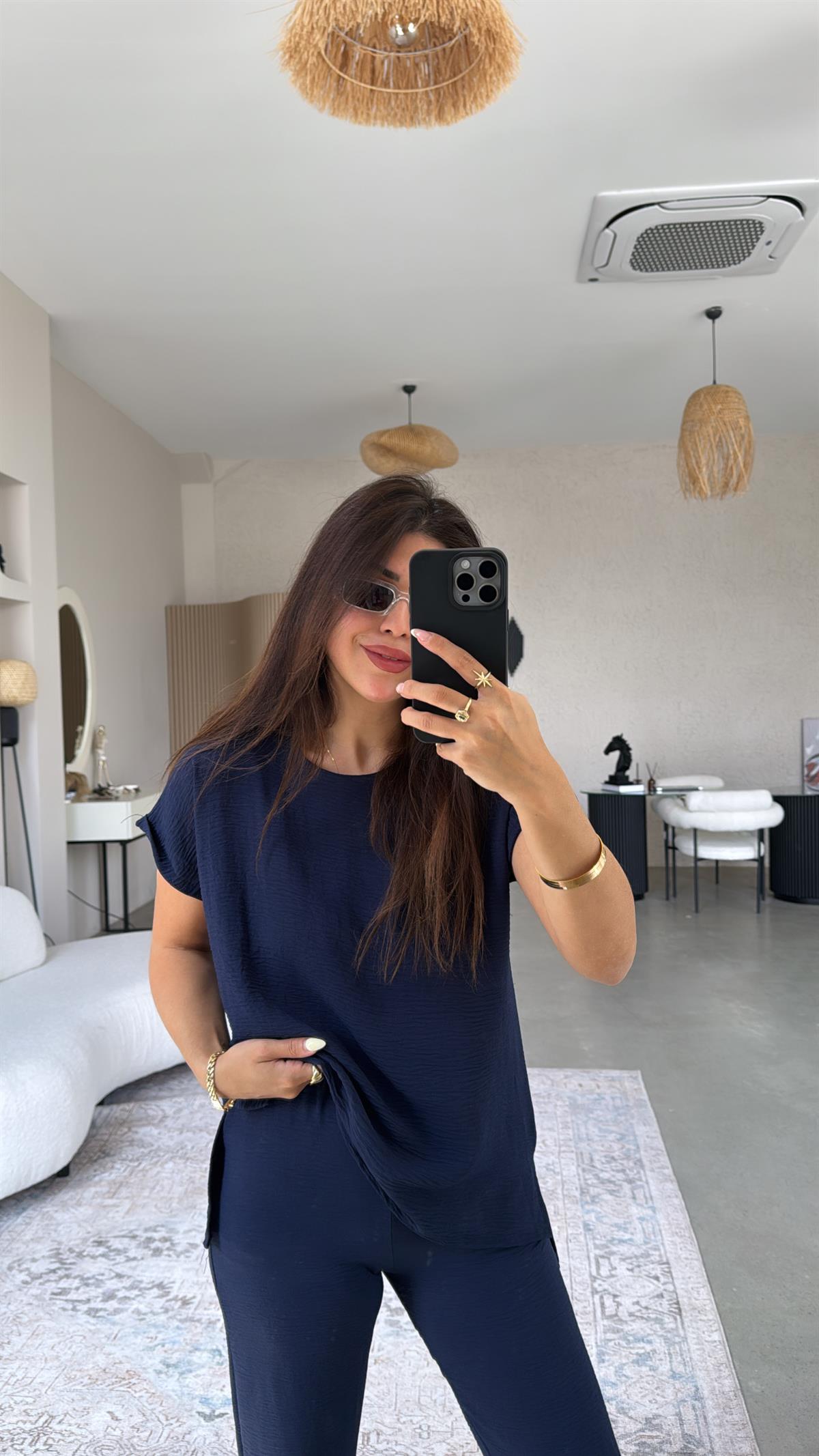 Lacivert Paça Pensli Pantolon Bluz Takım