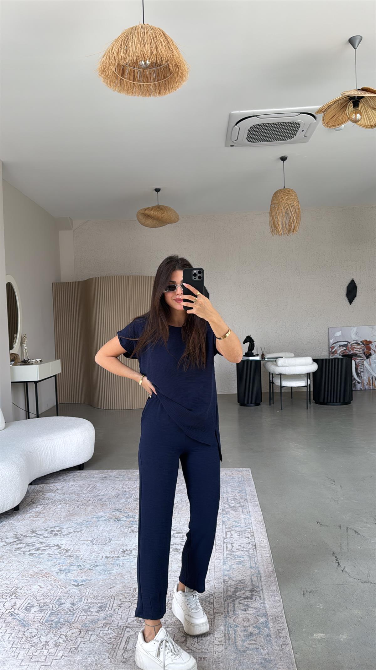 Lacivert Paça Pensli Pantolon Bluz Takım