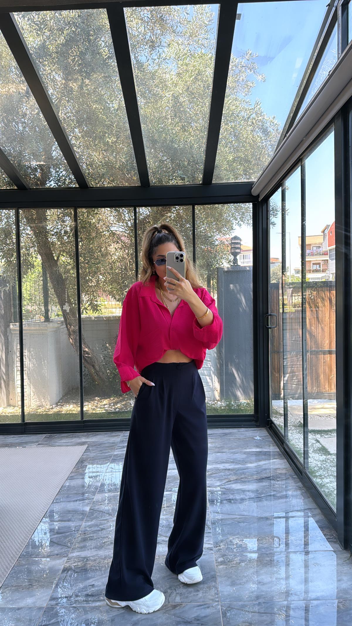 Lacivert Palazzo Kumaş Pantolon