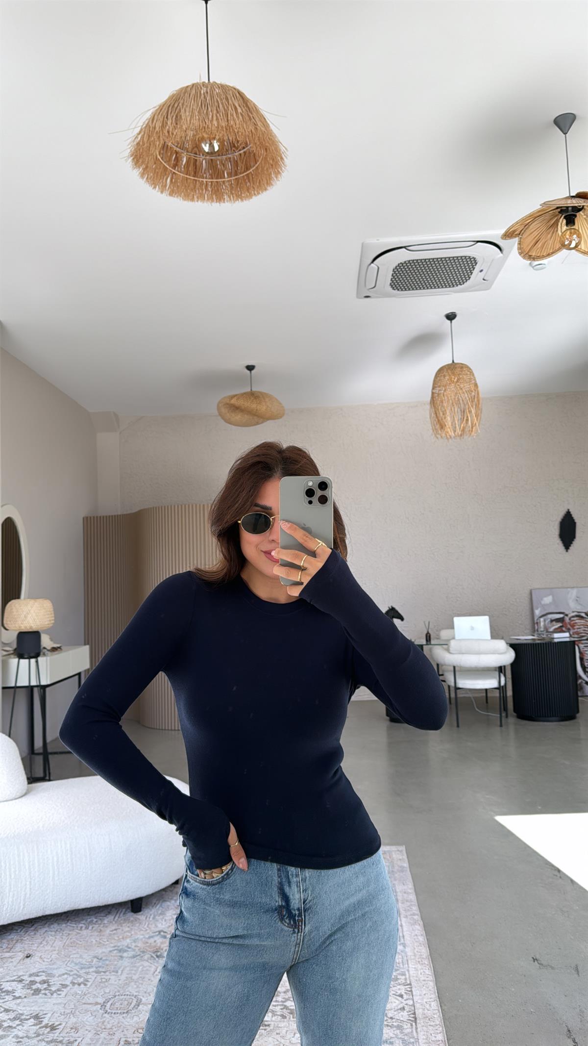 Lacivert Parmak Geçme Oys Kumaş Body