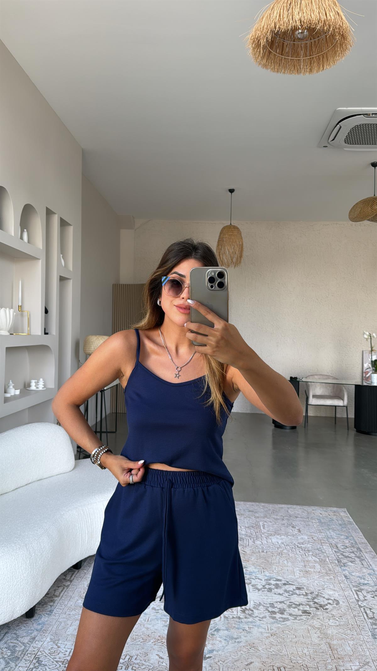 Lacivert Pike Modal Şort Bluz Takım