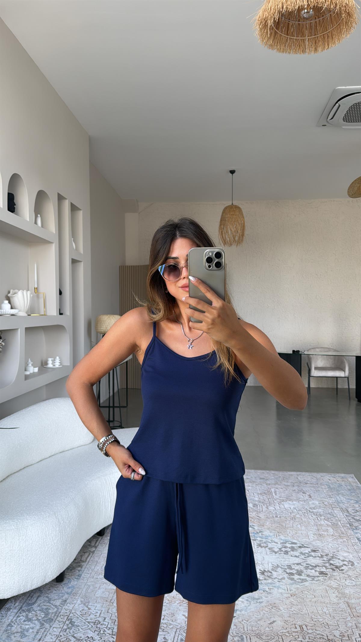 Lacivert Pike Modal Şort Bluz Takım