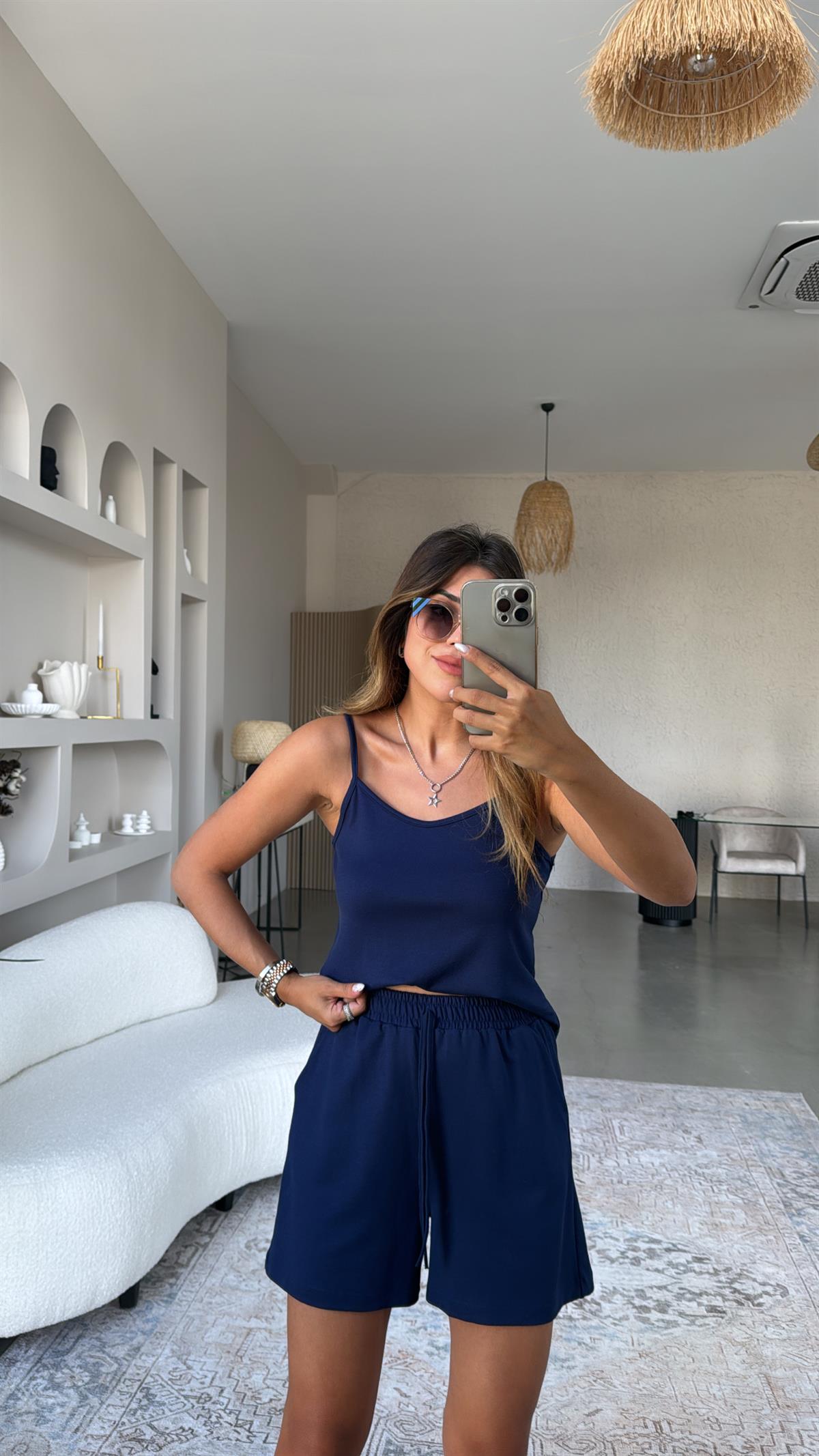 Lacivert Pike Modal Şort Bluz Takım