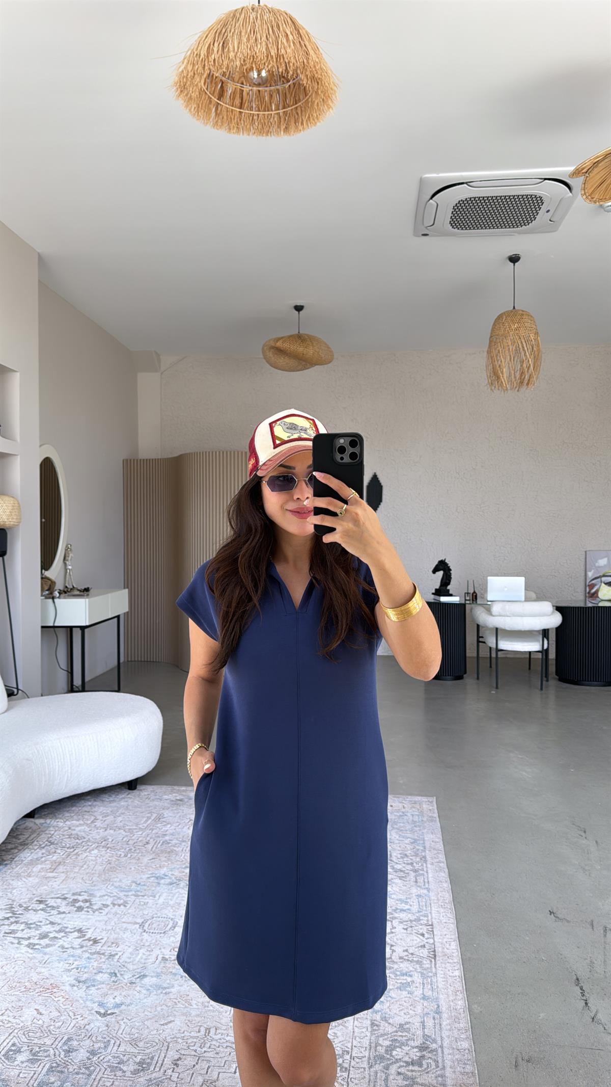 Lacivert Polo Yaka Çımalı Elbise