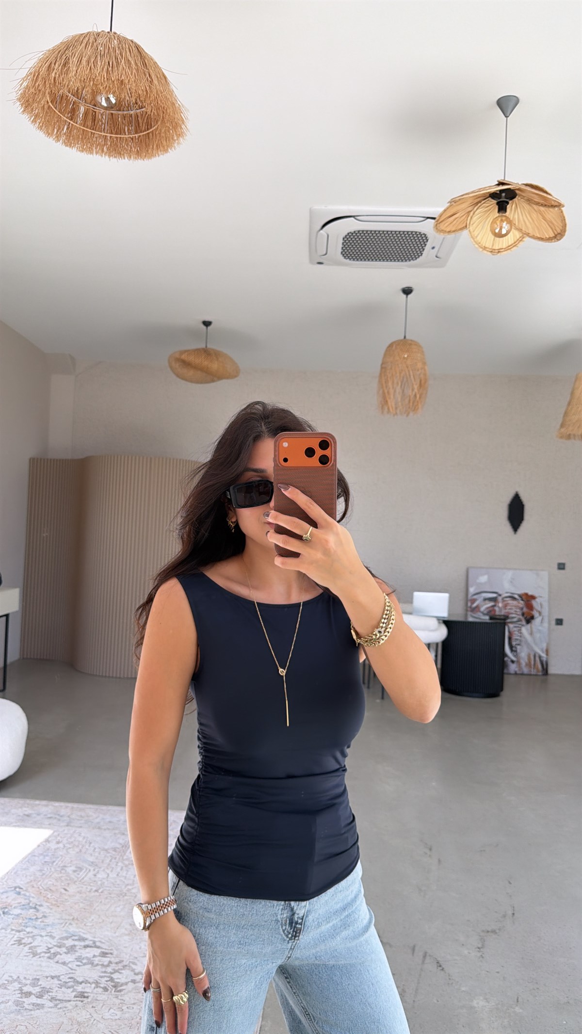 Lacivert Polyamid Yan Büzgü Bluz