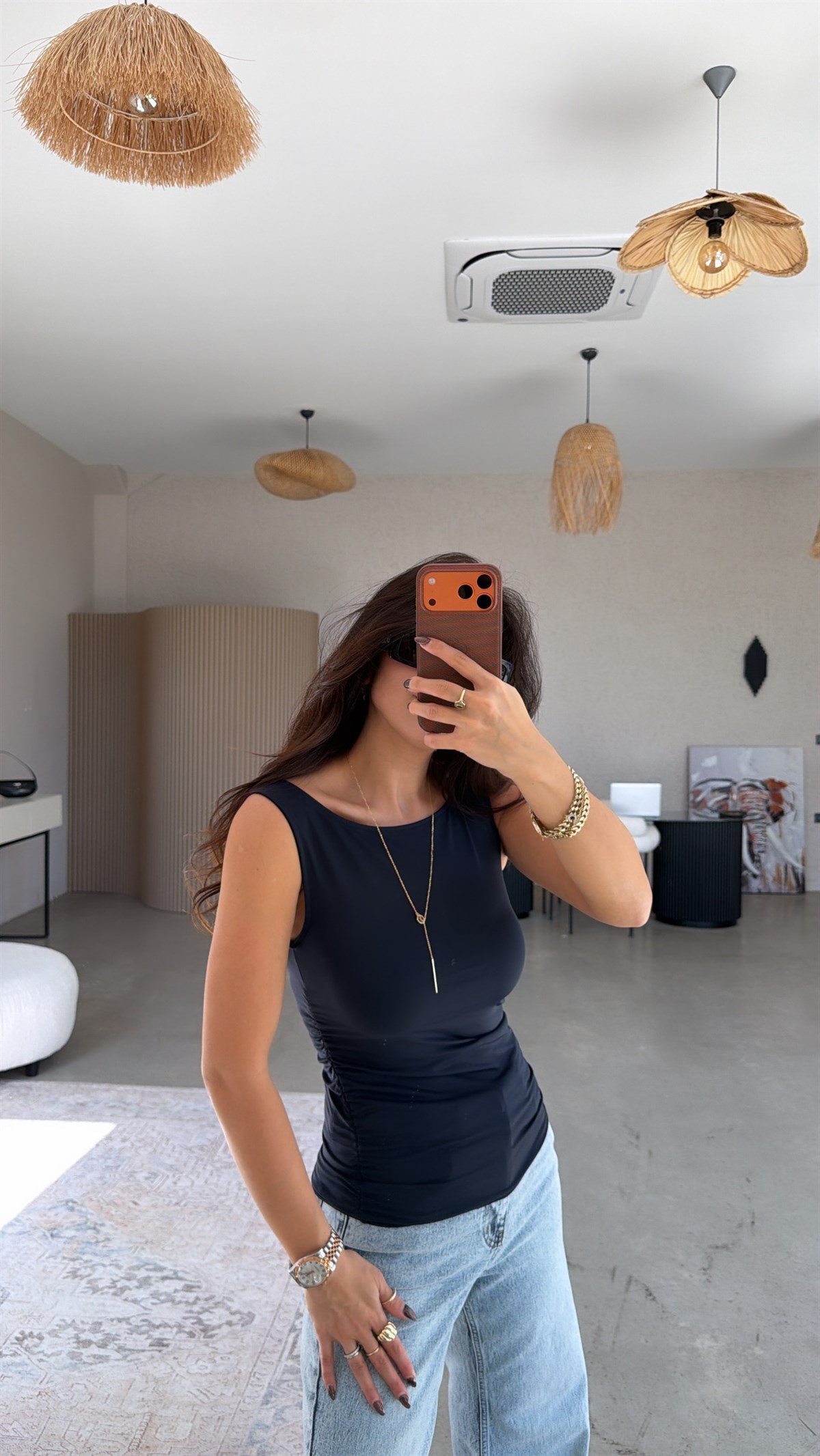 Lacivert Polyamid Yan Büzgü Bluz