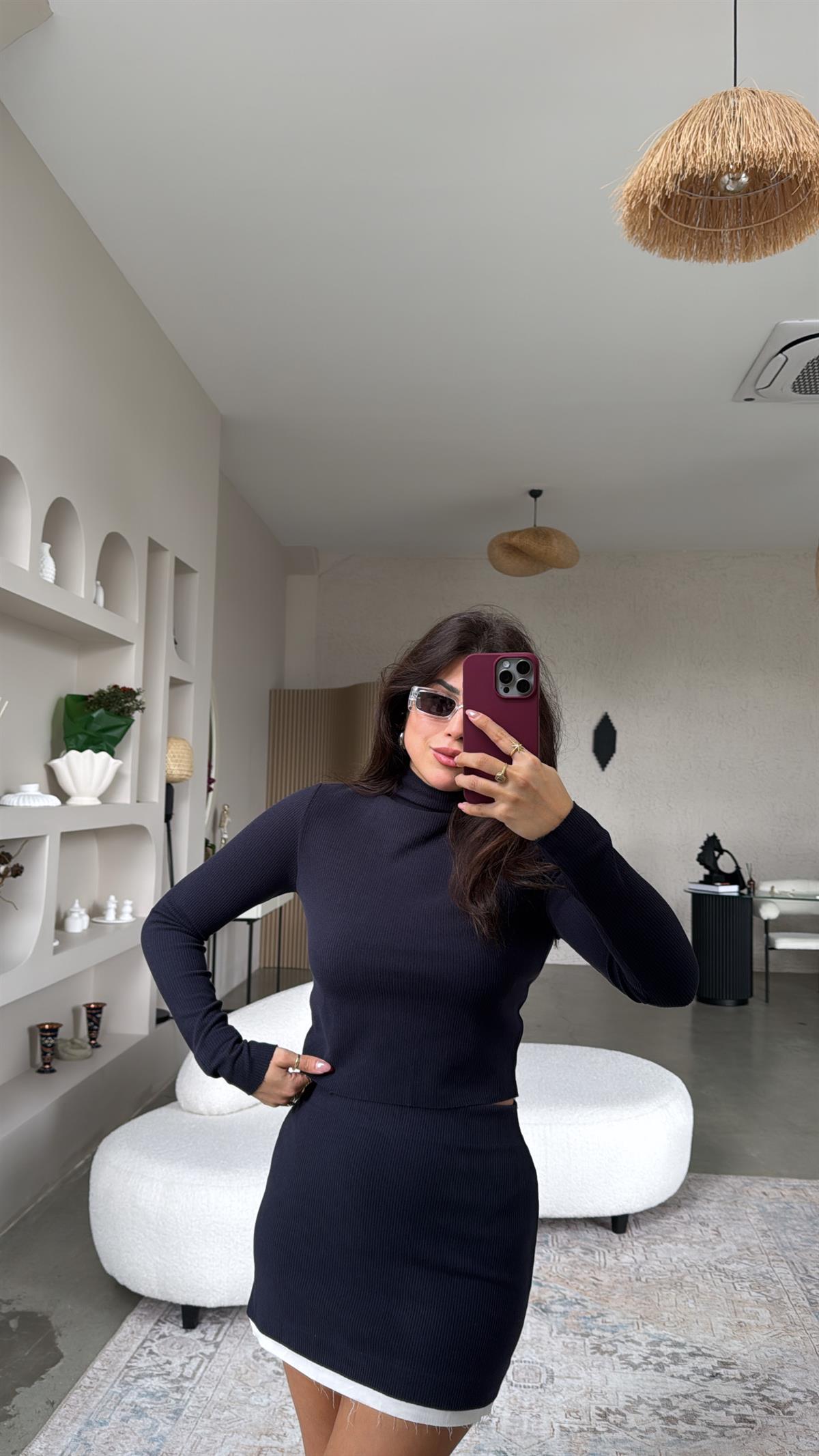 Lacivert Poplin Detaylı Mini Etek Bluz Takım