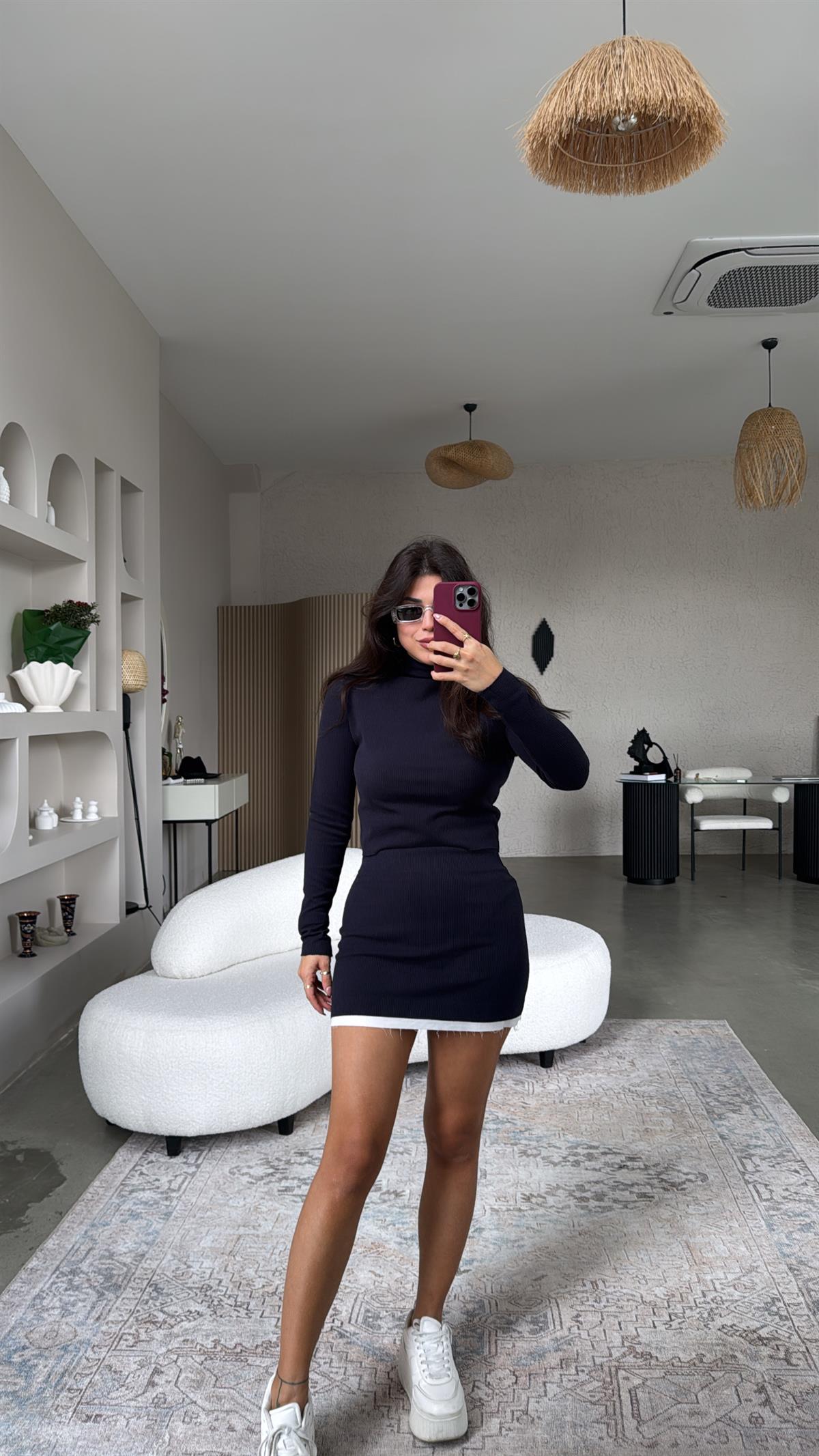 Lacivert Poplin Detaylı Mini Etek Bluz Takım