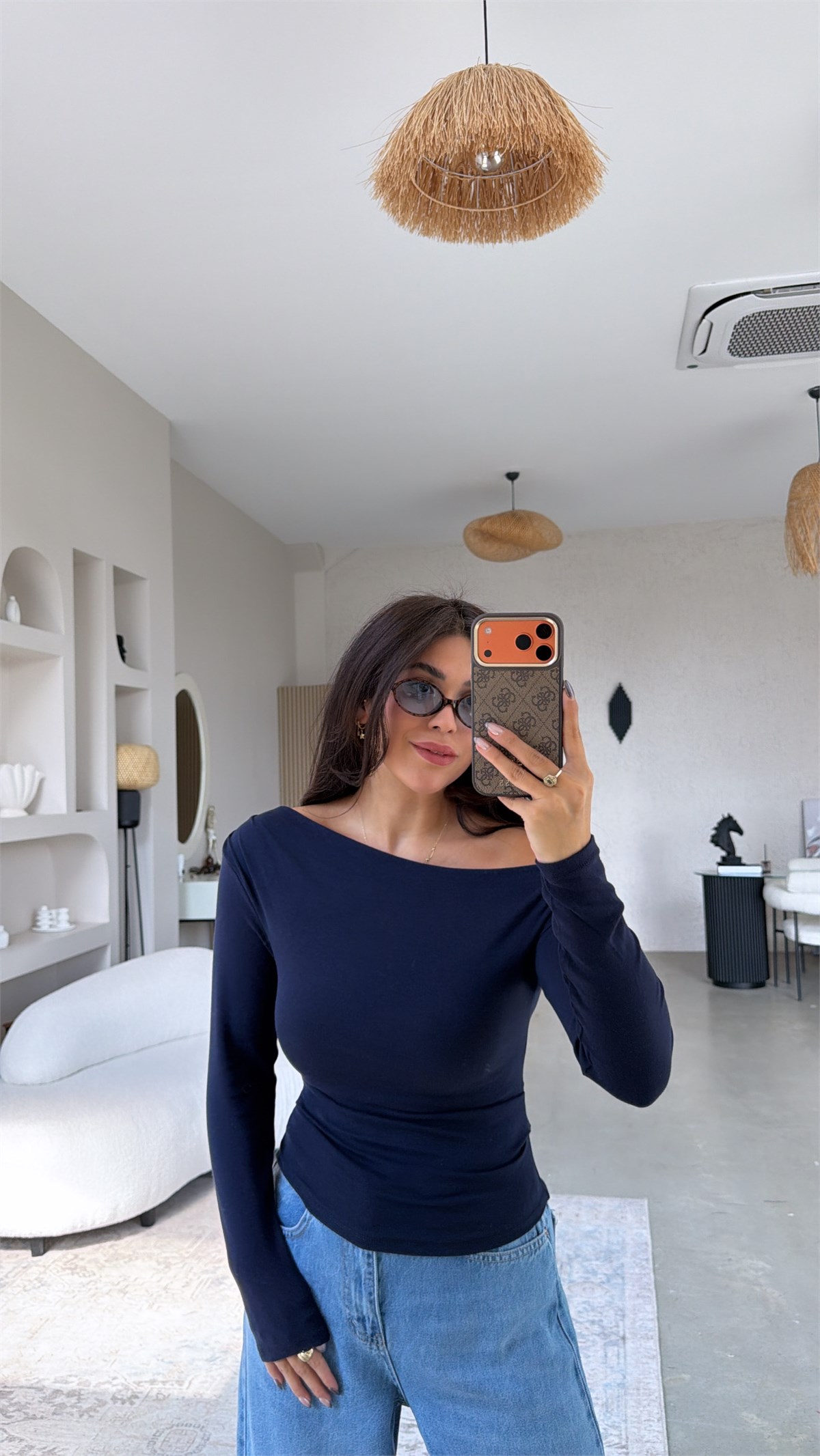 Lacivert Premium Cotton Büzgülü Kayık Yaka Bluz
