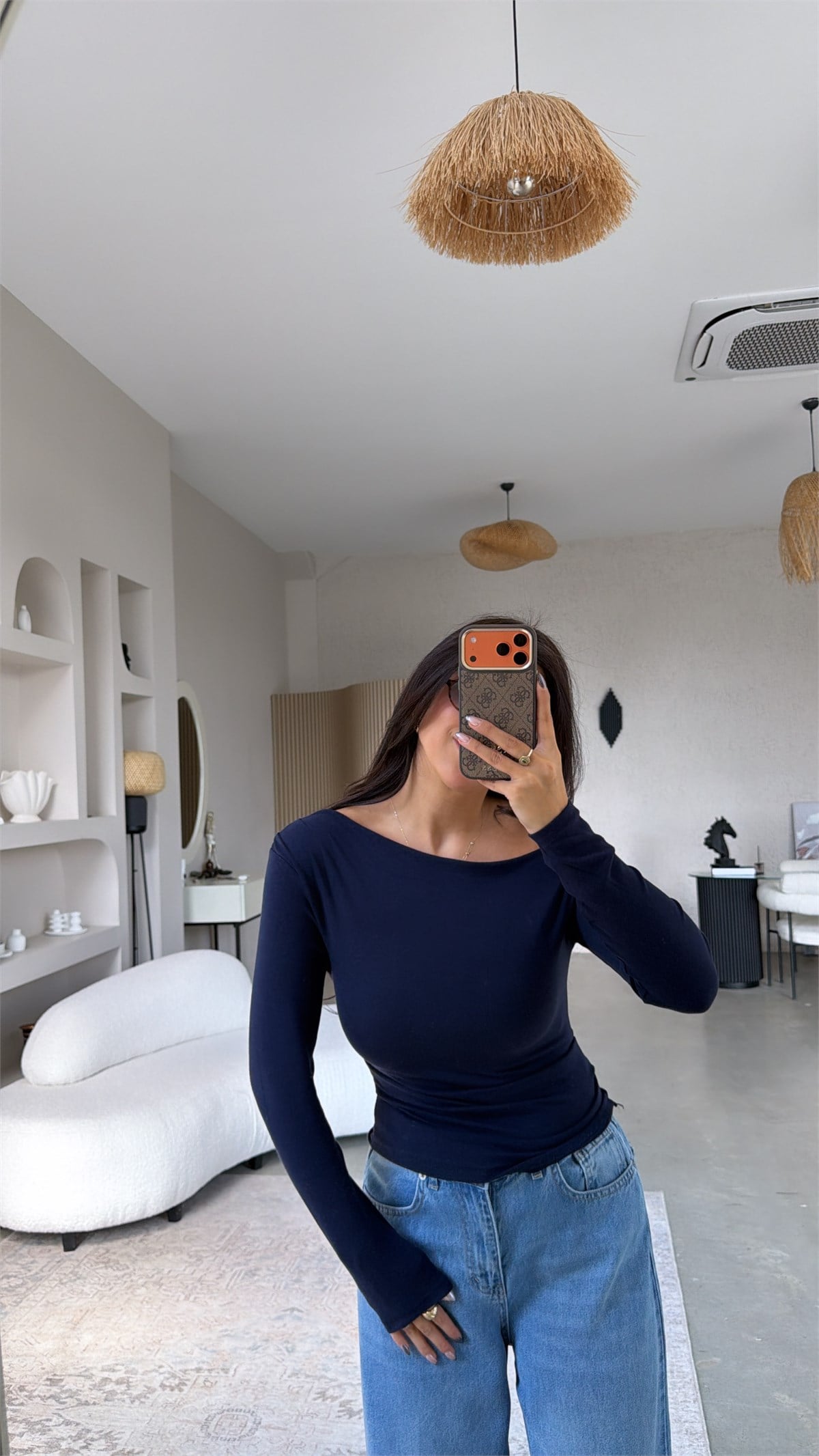 Lacivert Premium Cotton Büzgülü Kayık Yaka Bluz
