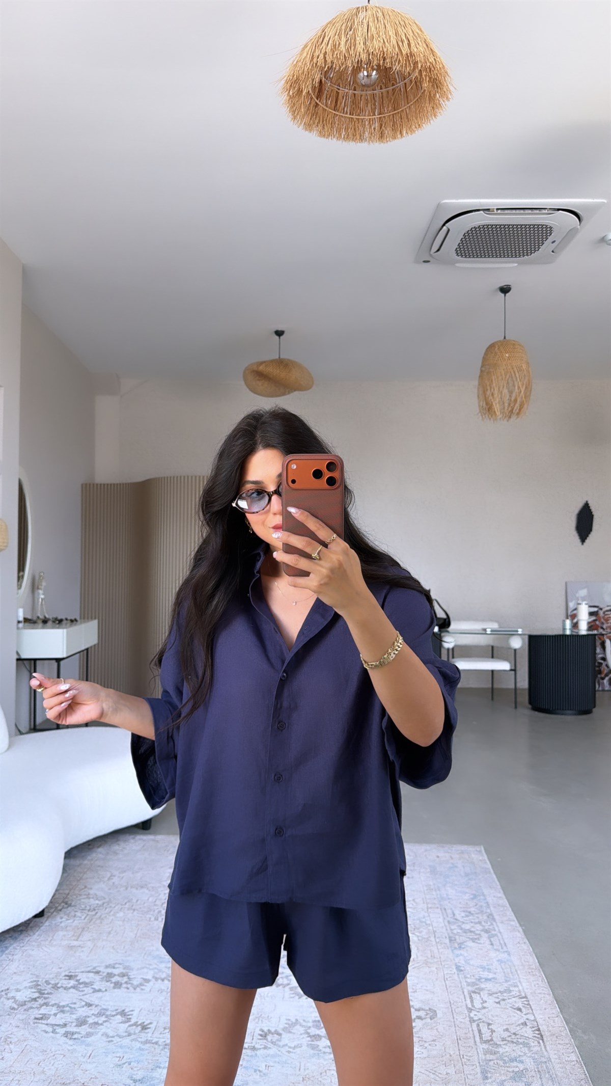 Lacivert Premium Hasır Kemerli Şort Gömlek Takım