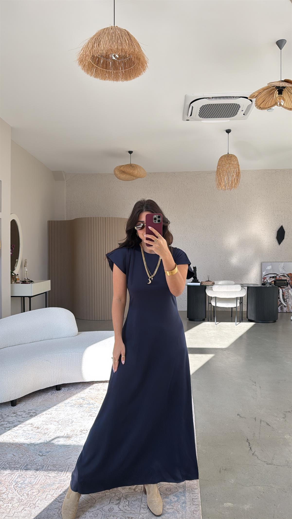 Lacivert Saten Maxi Elbise