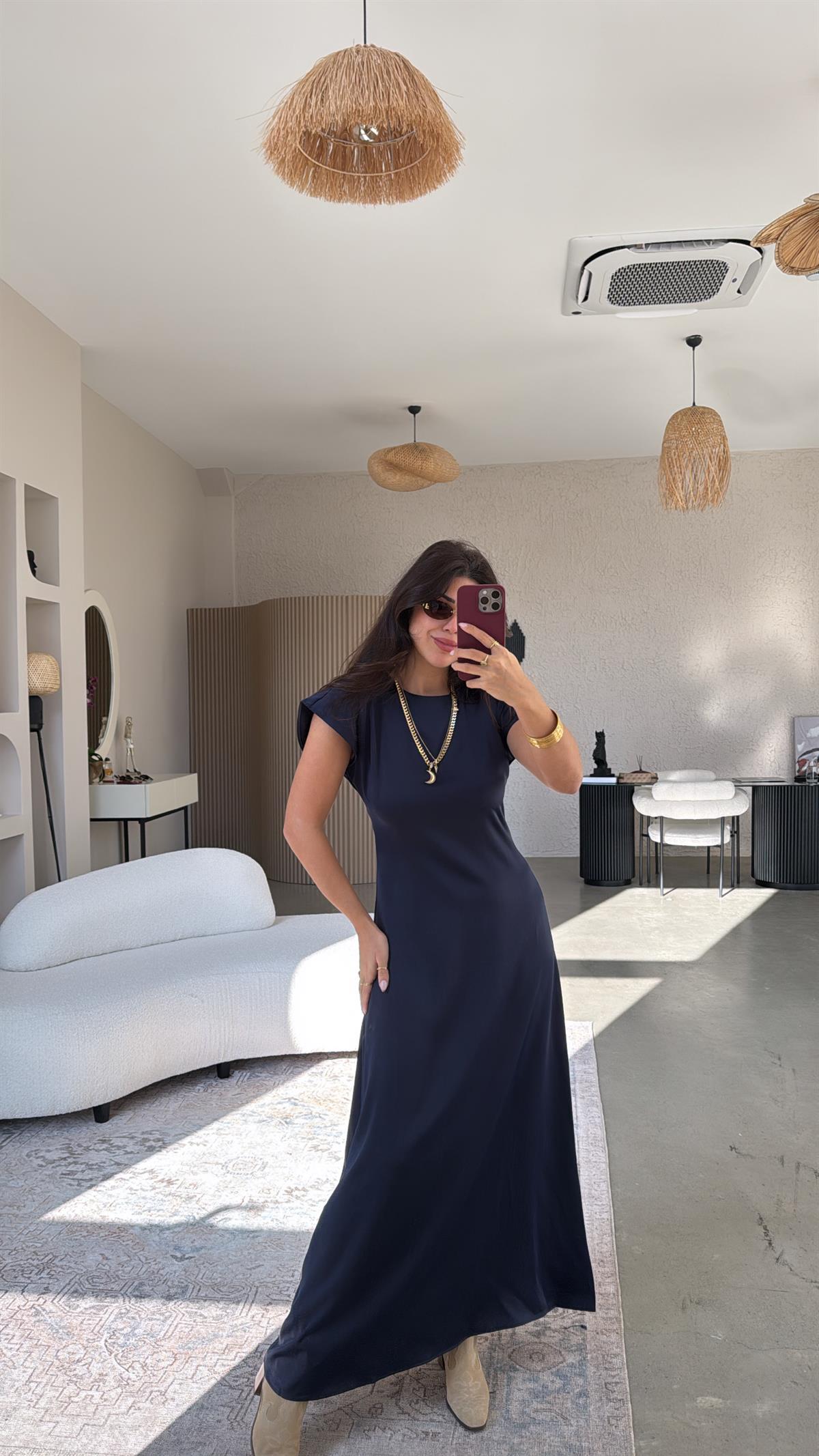 Lacivert Saten Maxi Elbise