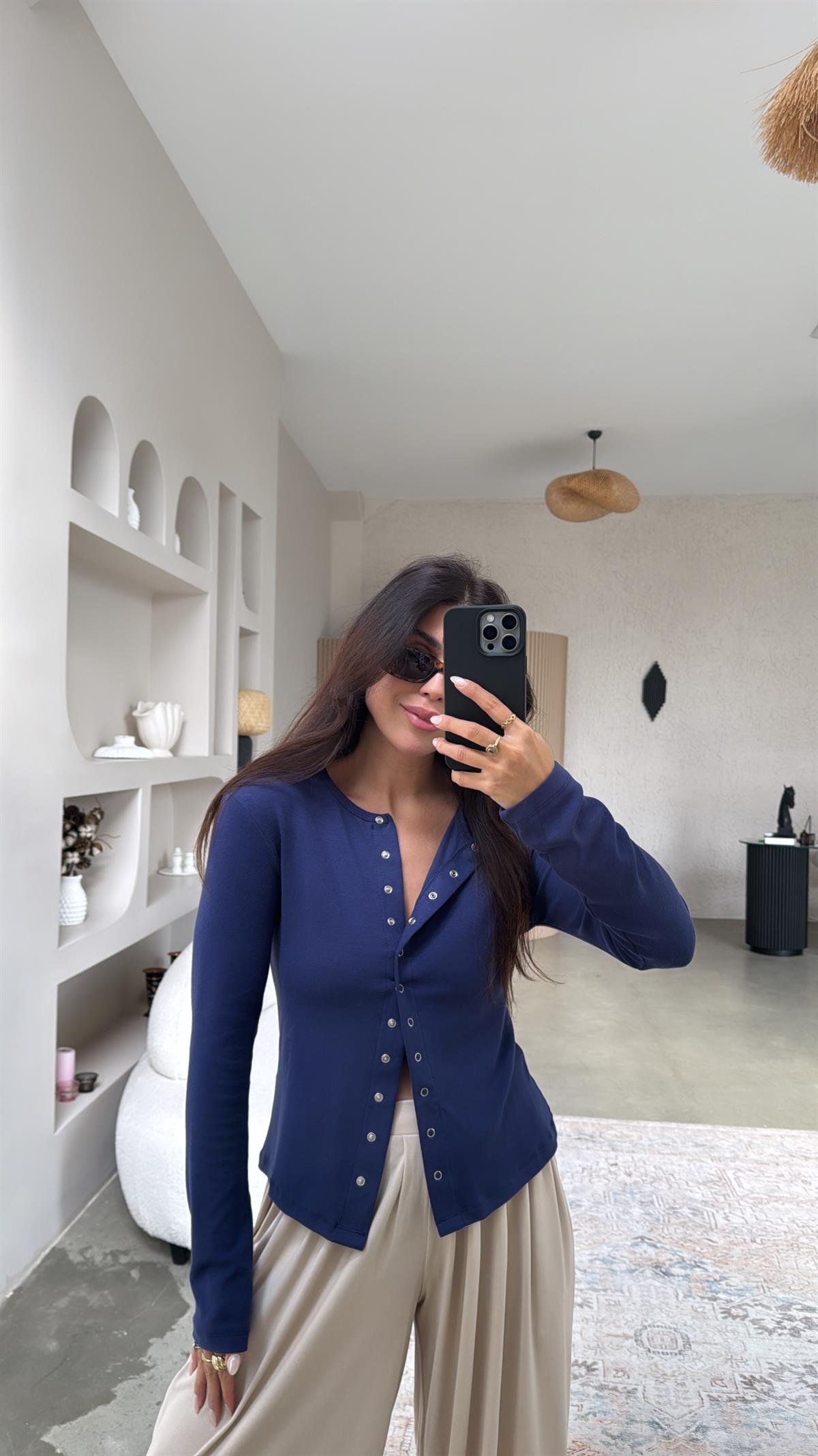 Lacivert Tam Boy Çıtçıt Modal Bluz