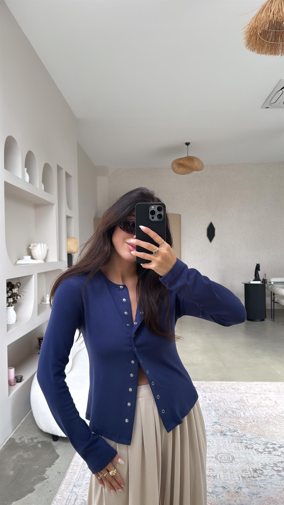 Lacivert Tam Boy Çıtçıt Modal Bluz