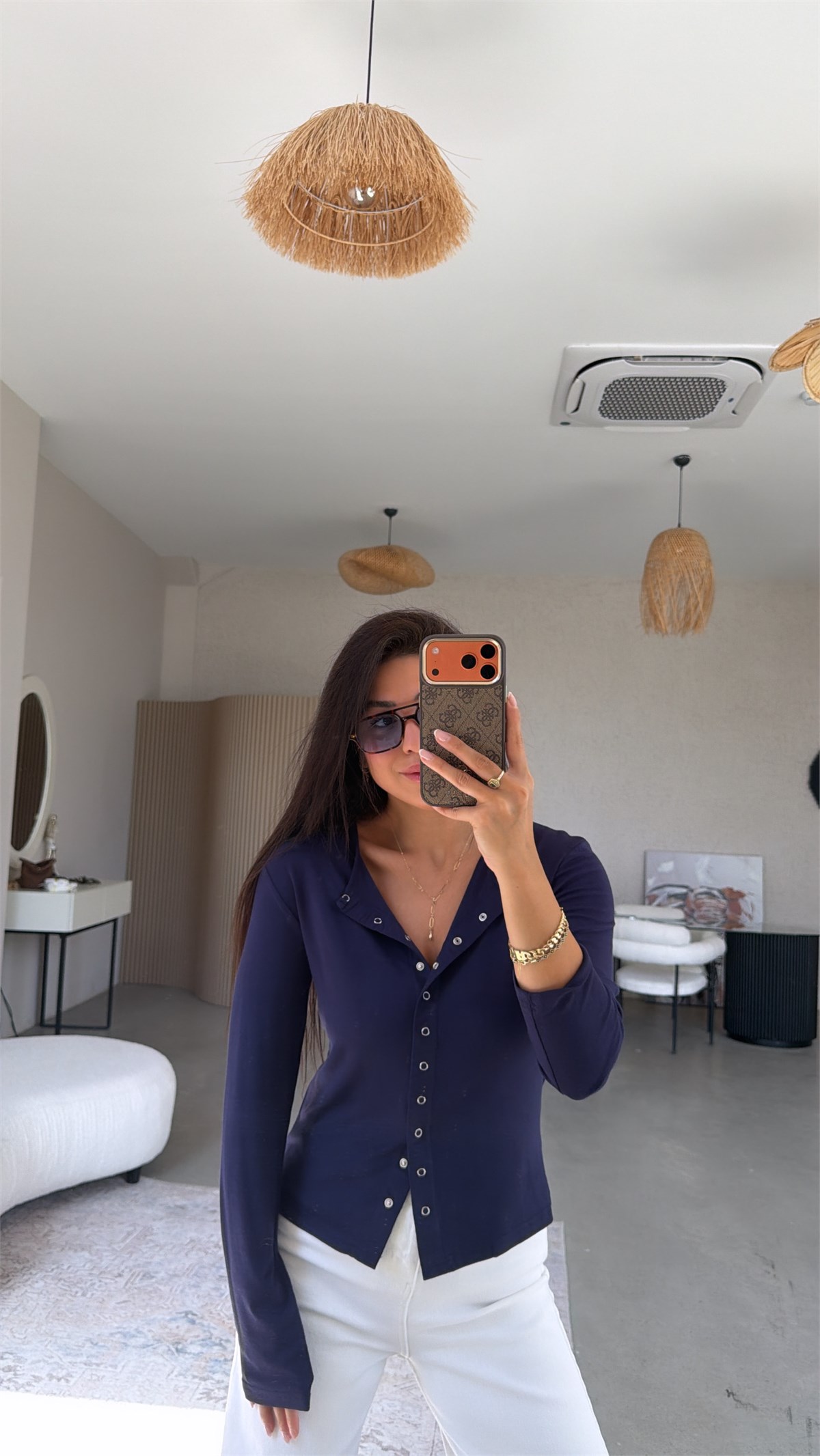 Lacivert Tam Boy Çıtçıt Modal Bluz