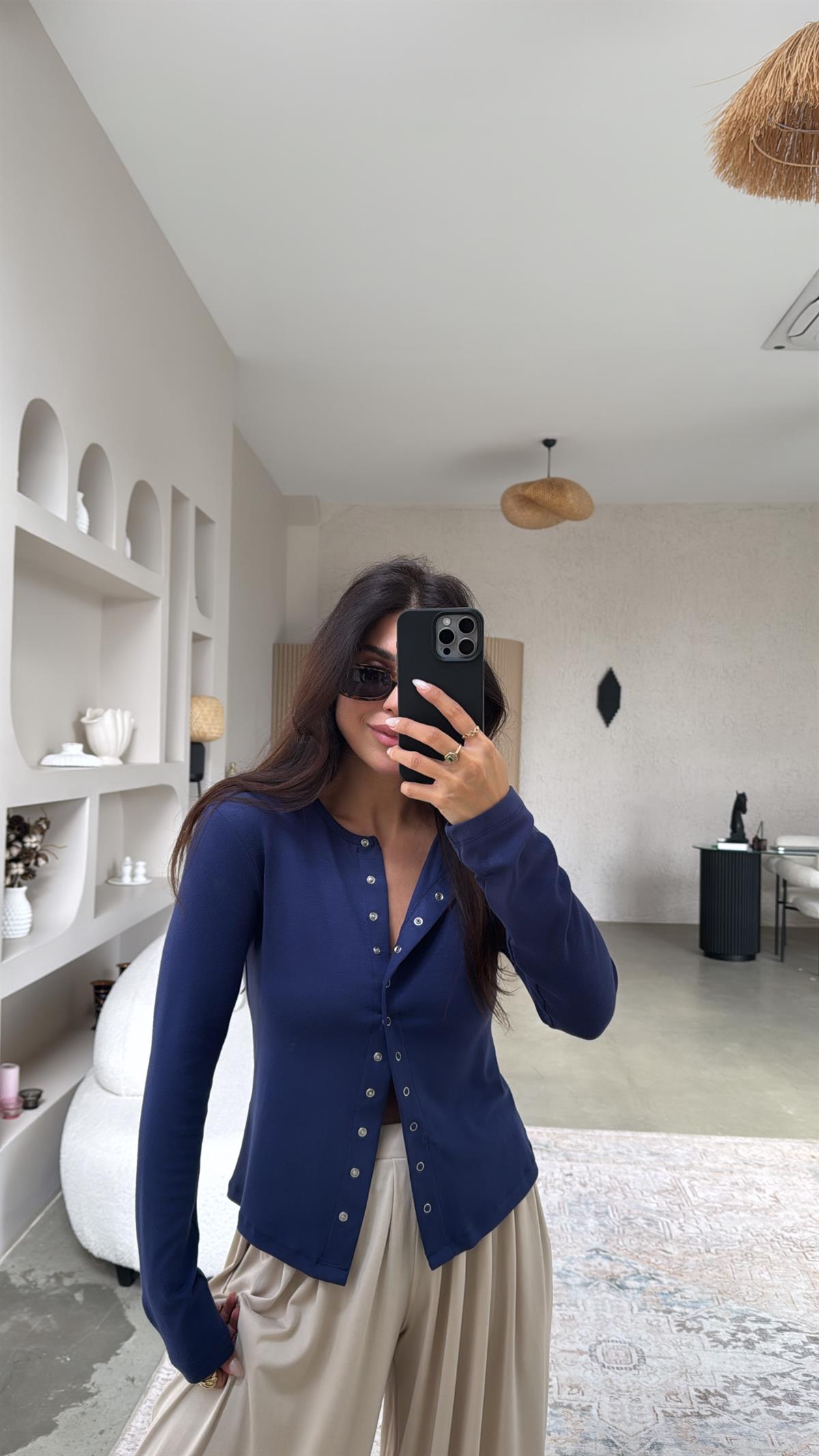 Lacivert Tam Boy Çıtçıt Modal Bluz