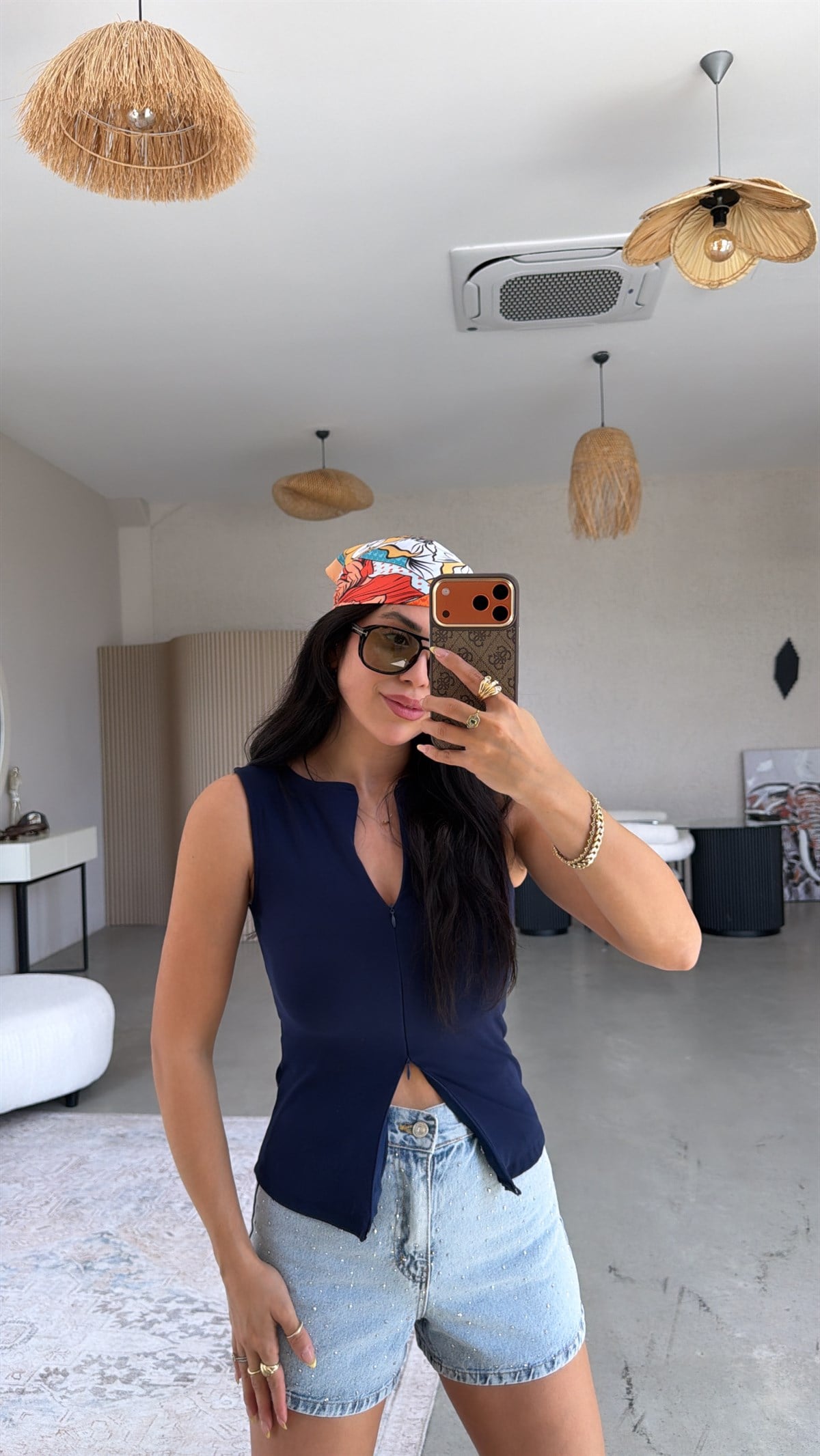 Lacivert Tam Fermuarlı Pamuklu Atlet