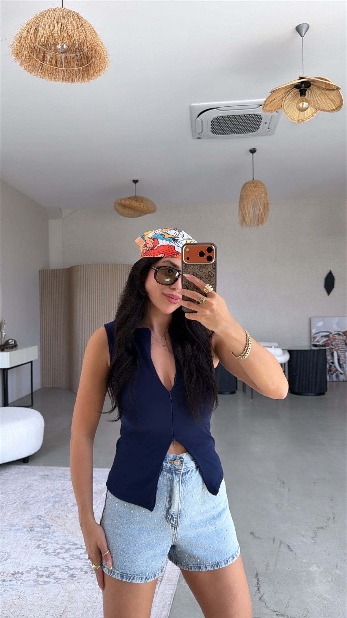 Lacivert Tam Fermuarlı Pamuklu Atlet