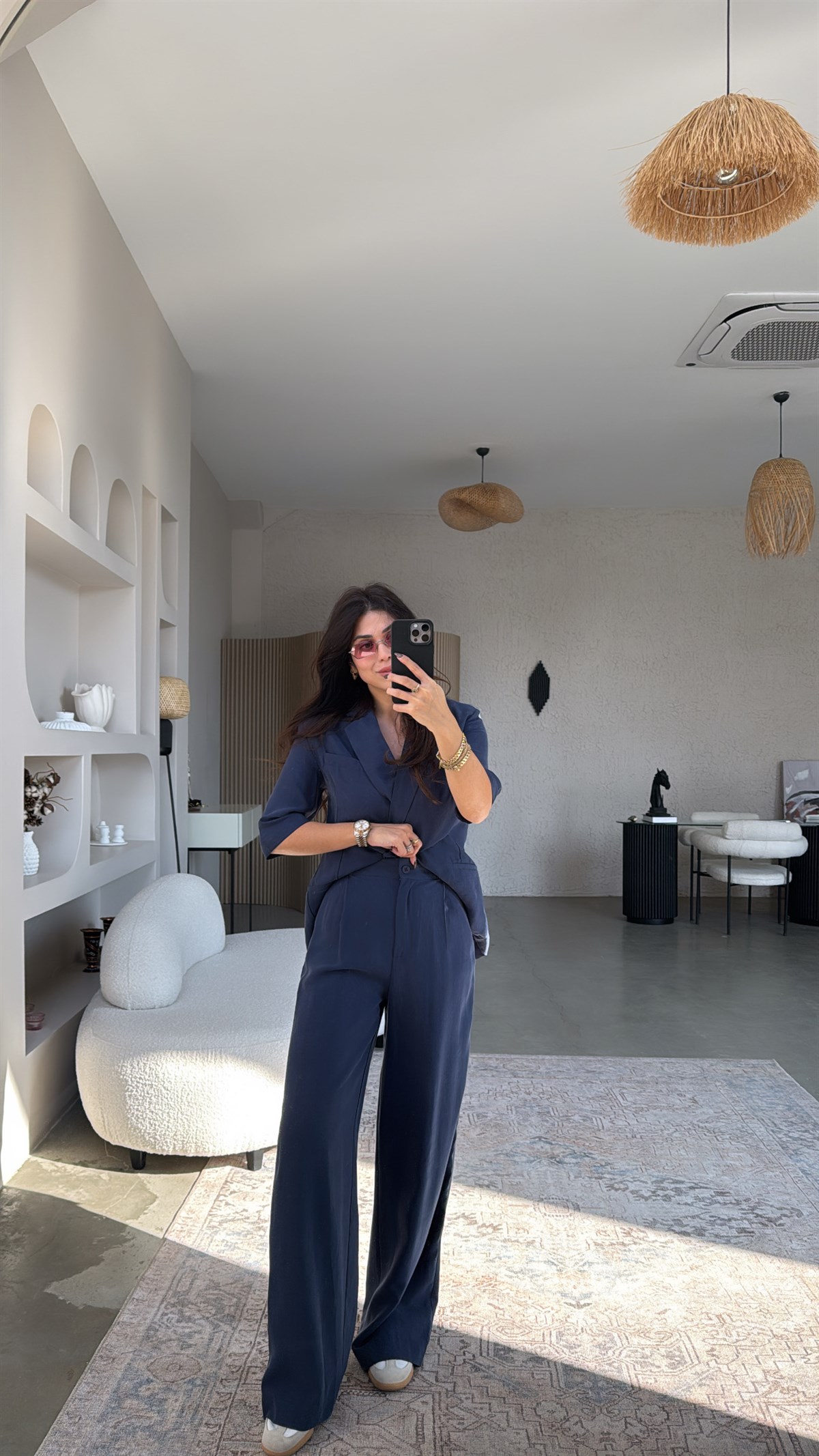 Lacivert Tensel Kısa Kollu Ceketli Pantolonlu Takım