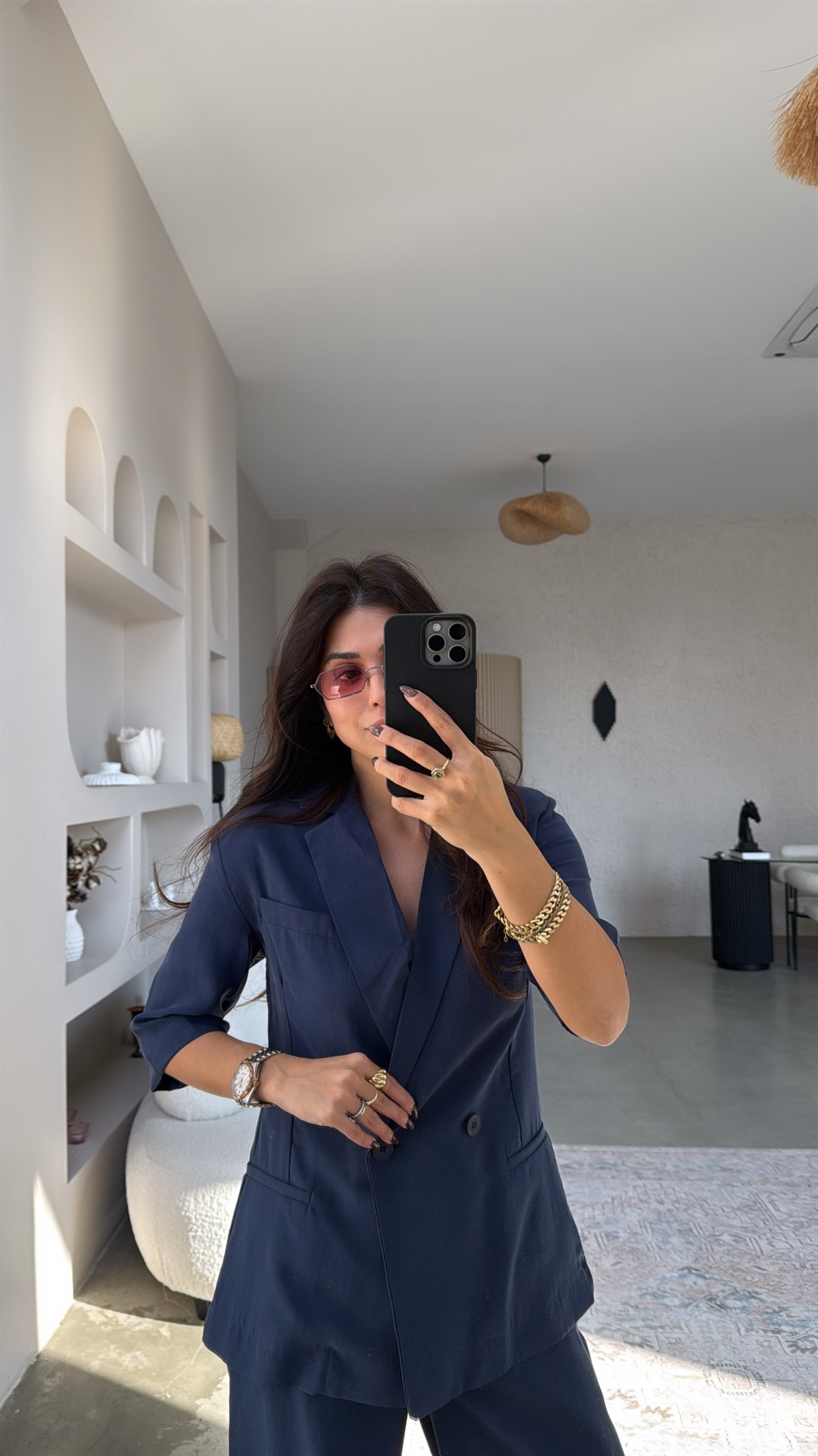 Lacivert Tensel Kısa Kollu Ceketli Pantolonlu Takım