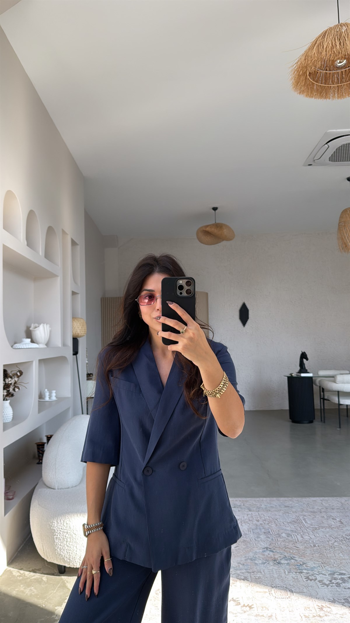 Lacivert Tensel Kısa Kollu Ceketli Pantolonlu Takım