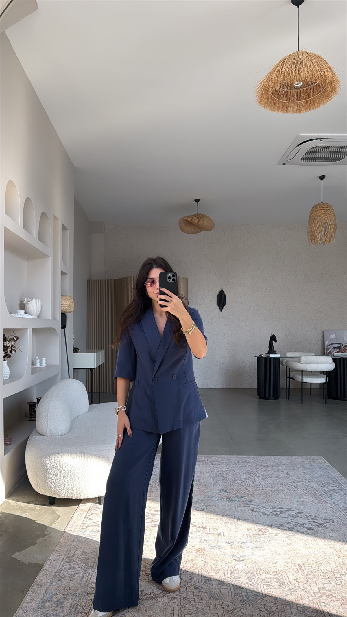 Lacivert Tensel Kısa Kollu Ceketli Pantolonlu Takım