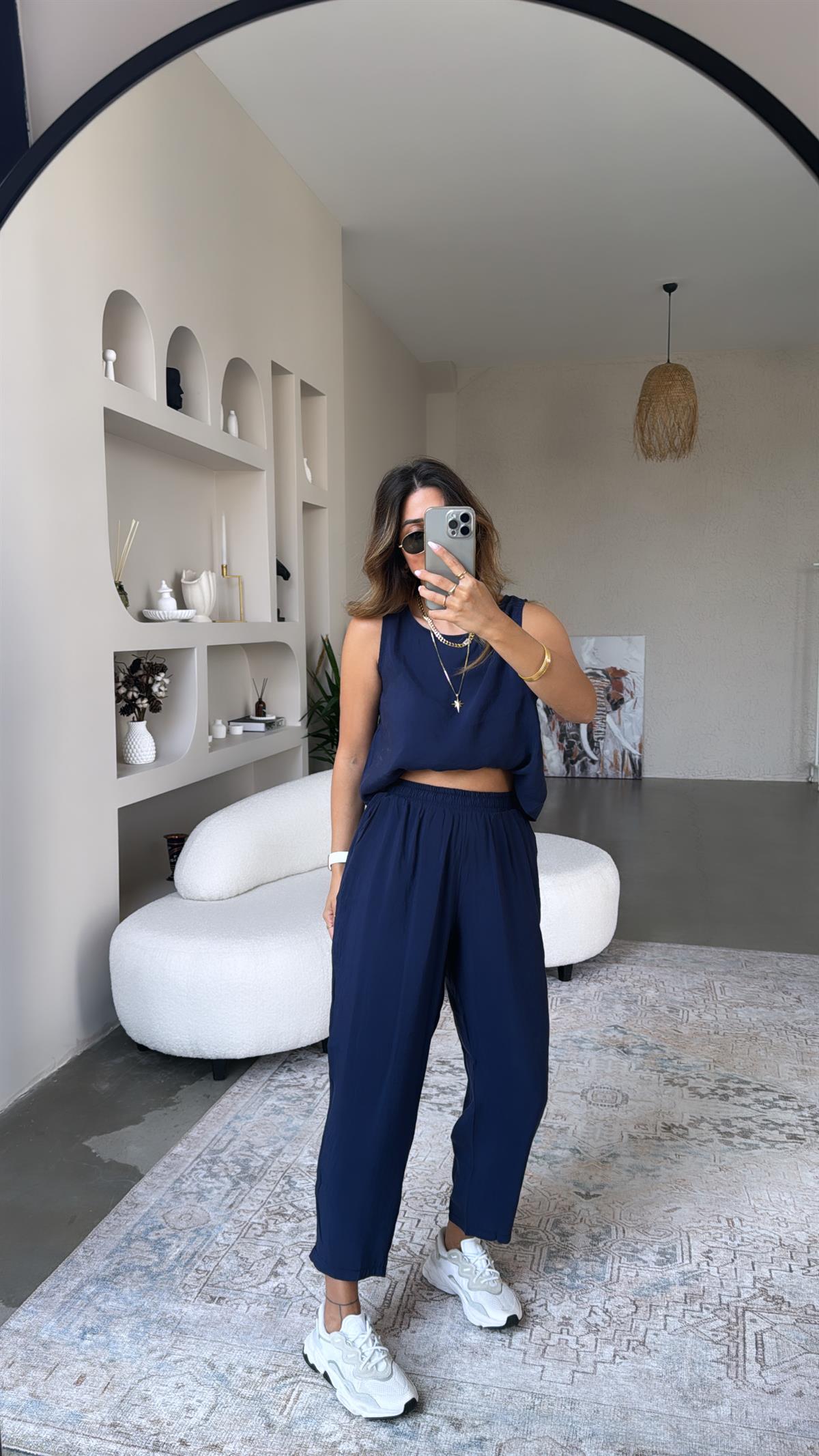 Lacivert Dökümlü Tiril Kumaş Takım