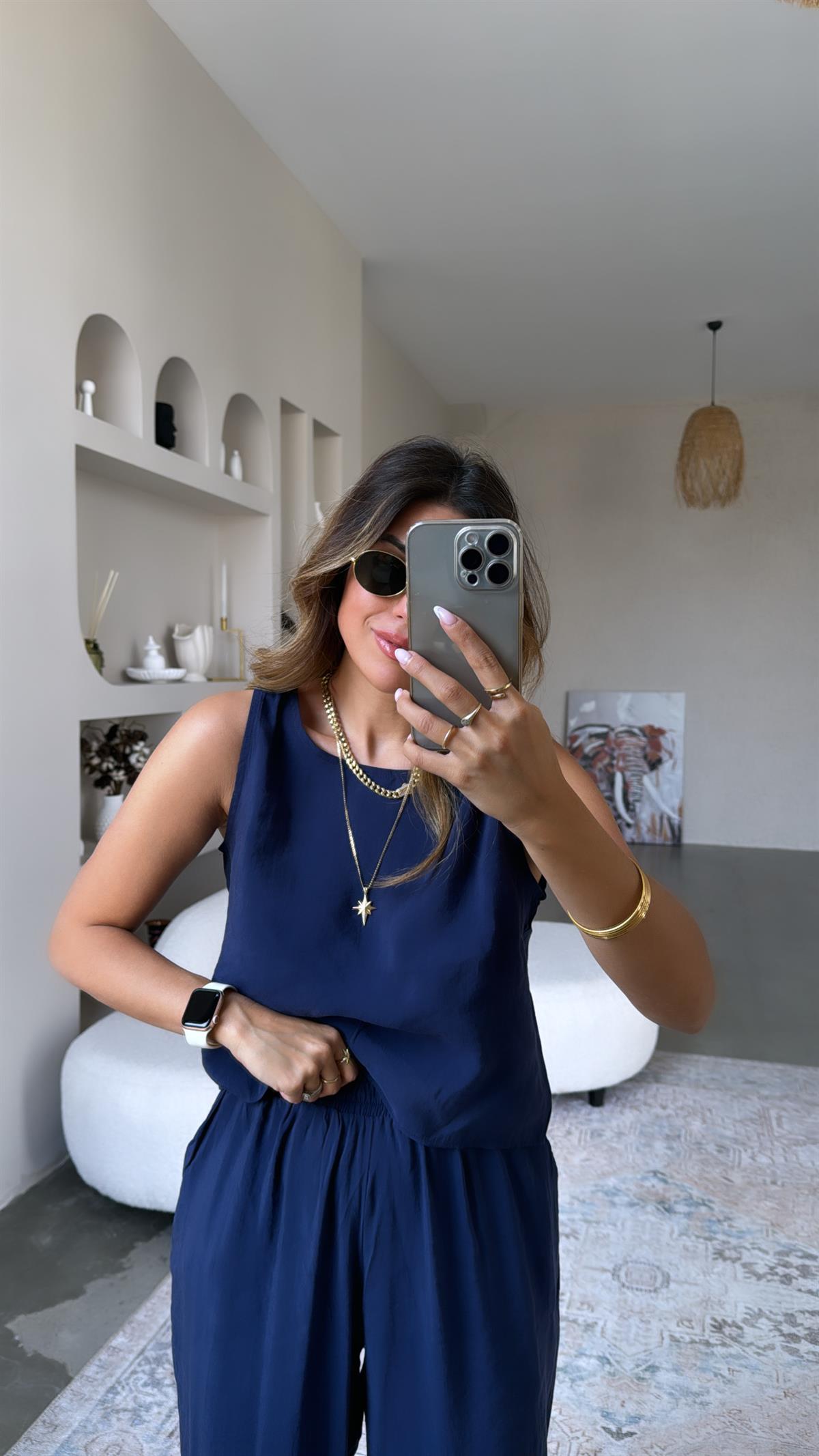 Lacivert Dökümlü Tiril Kumaş Takım