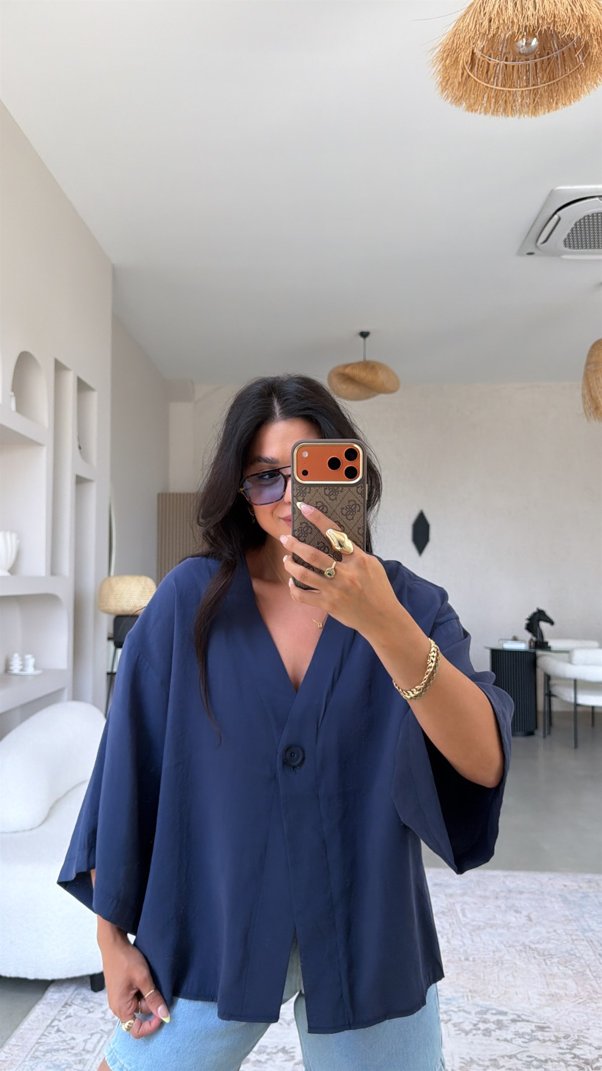 Lacivert Tensel Tek Düğmeli Gömlek Bluz