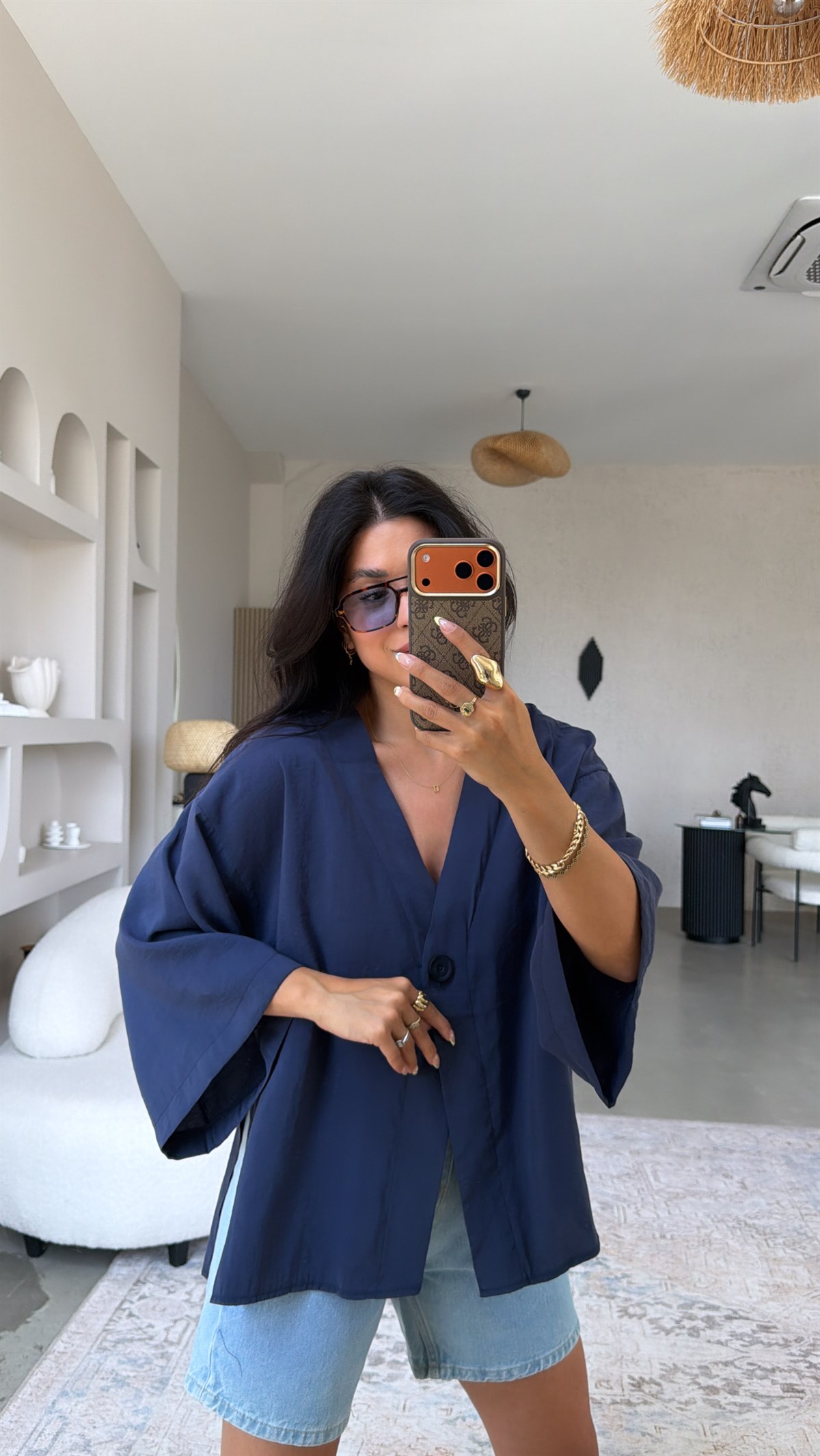 Lacivert Tensel Tek Düğmeli Gömlek Bluz