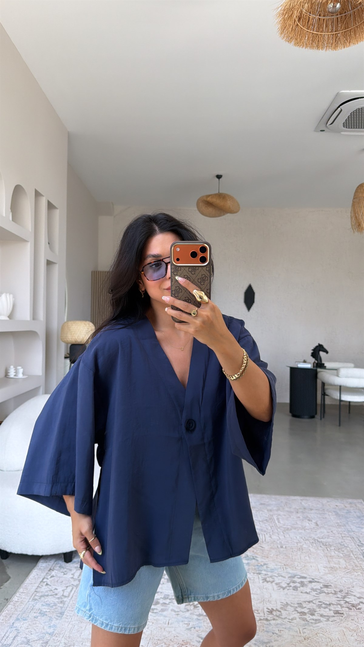 Lacivert Tensel Tek Düğmeli Gömlek Bluz