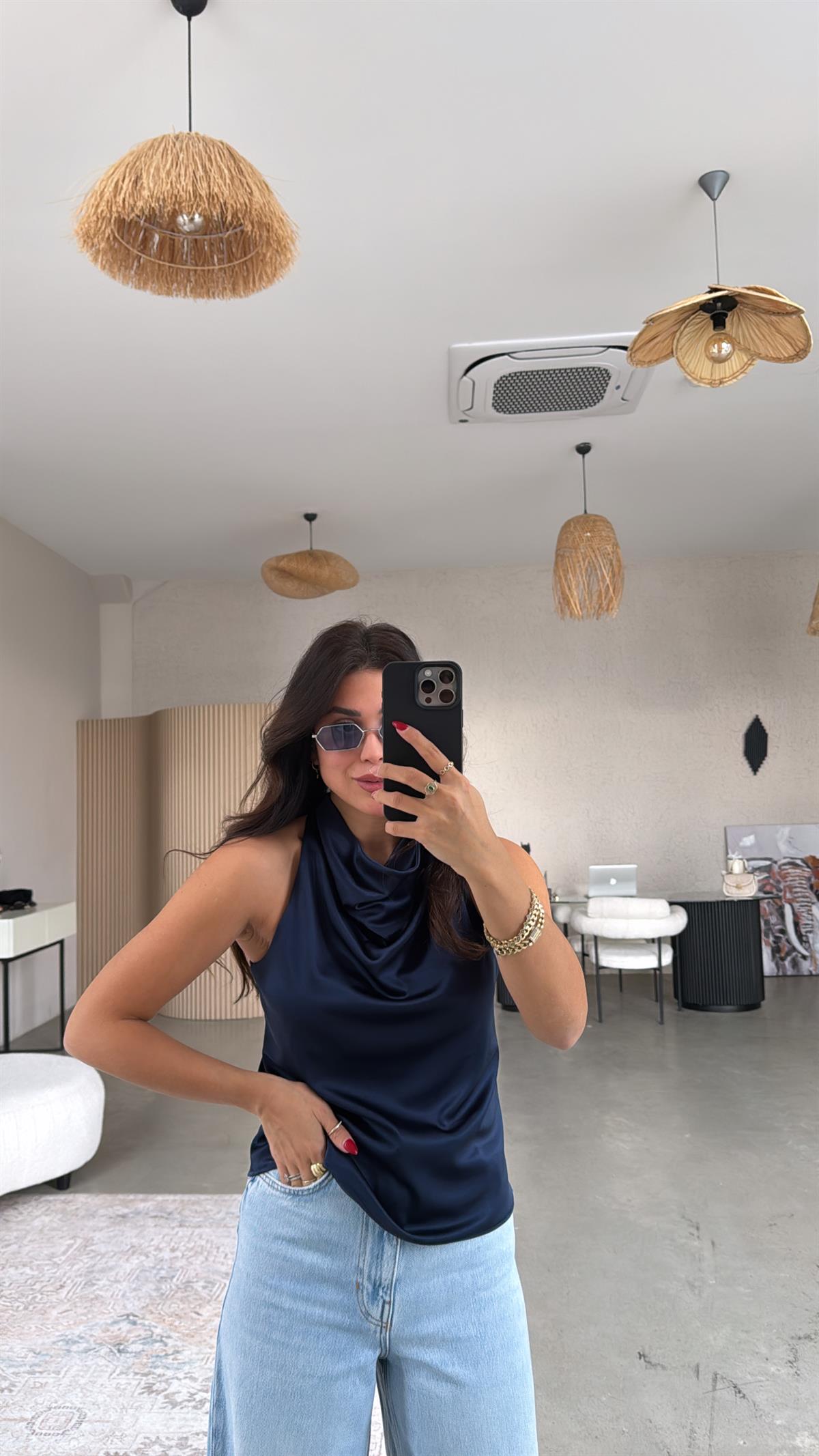 Lacivert Tok Saten Degaje Bluz