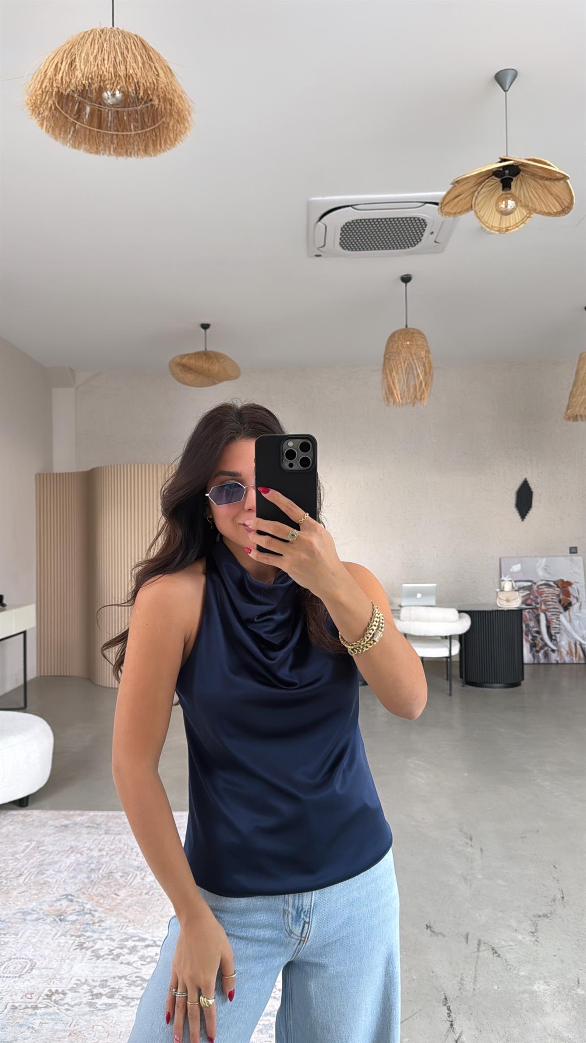 Lacivert Tok Saten Degaje Bluz