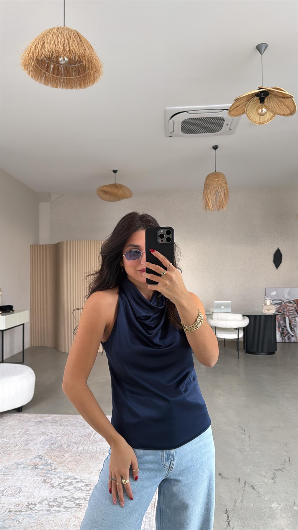 Lacivert Tok Saten Degaje Bluz