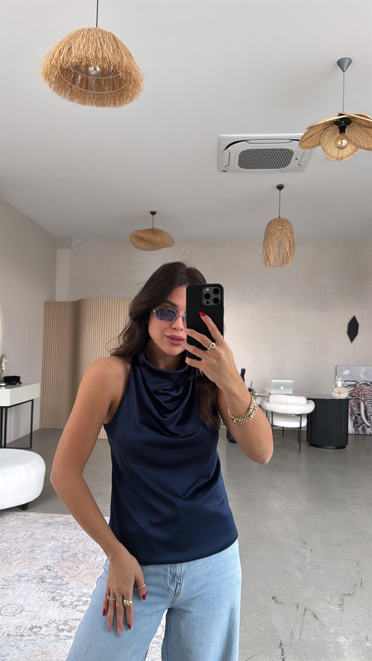 Lacivert Tok Saten Degaje Bluz