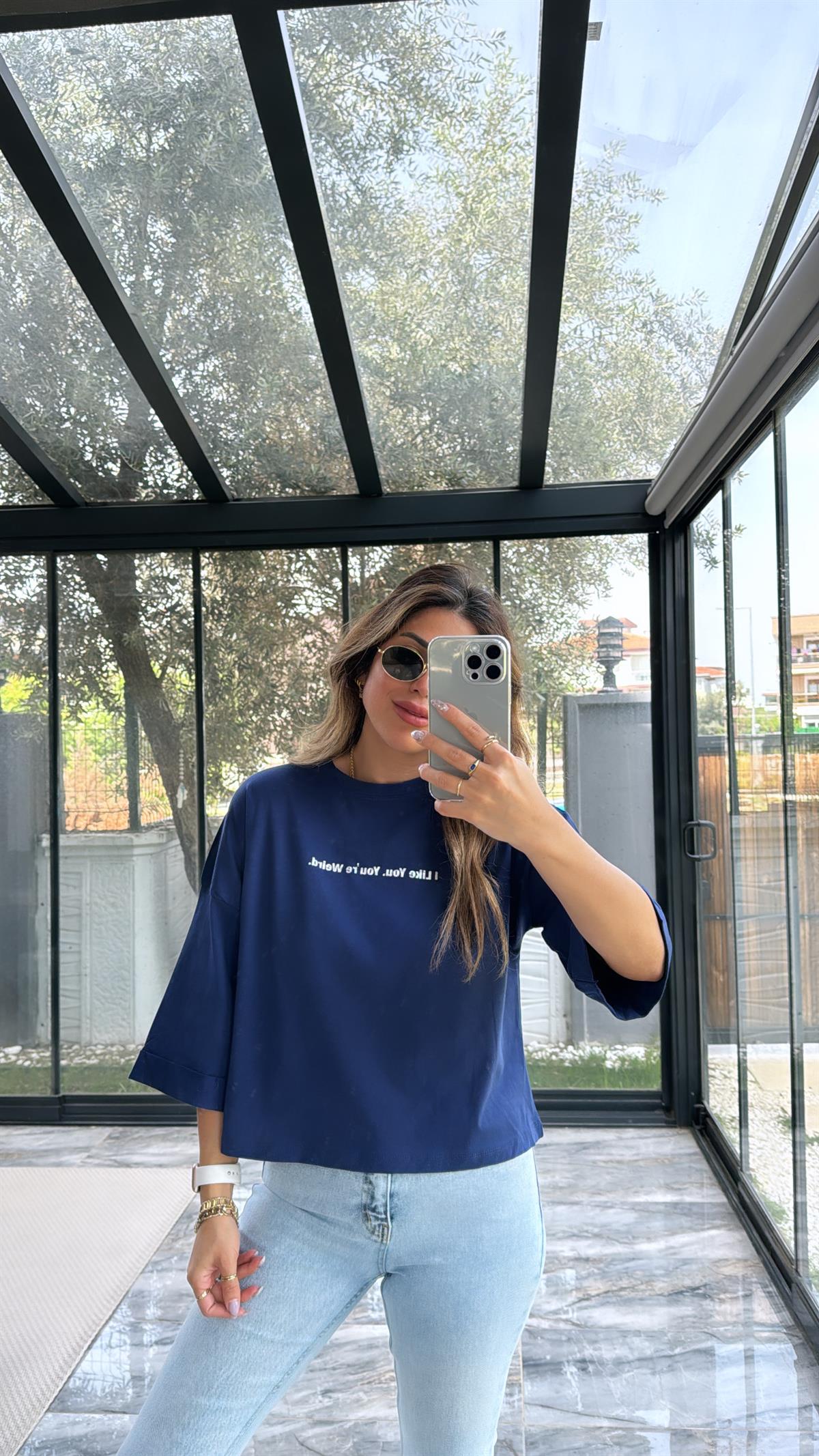 Lacivert Truvakar Kol Yazılı Tshirt