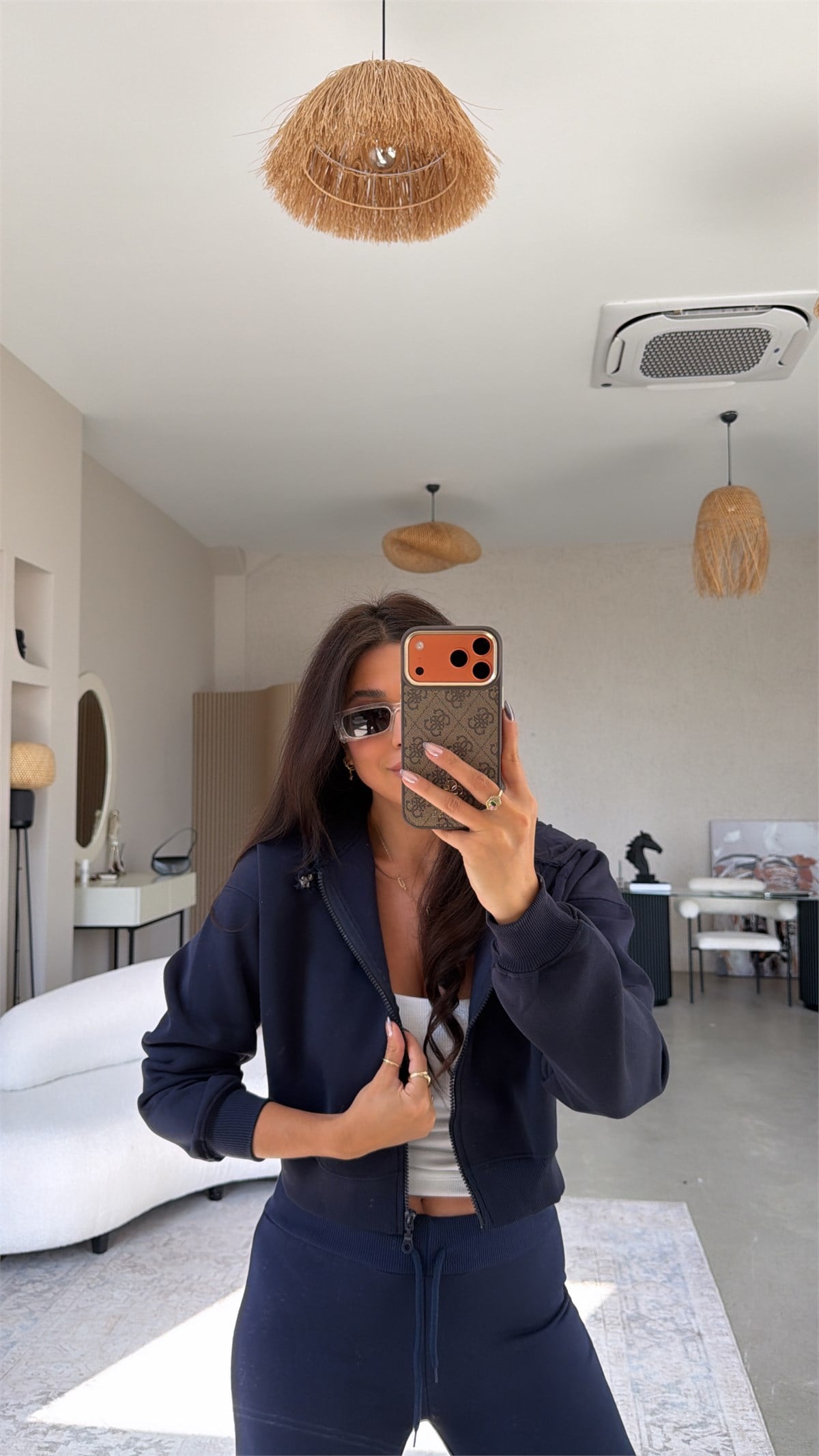 Lacivert Üç İplik Fermuarlı Crop Hoodie