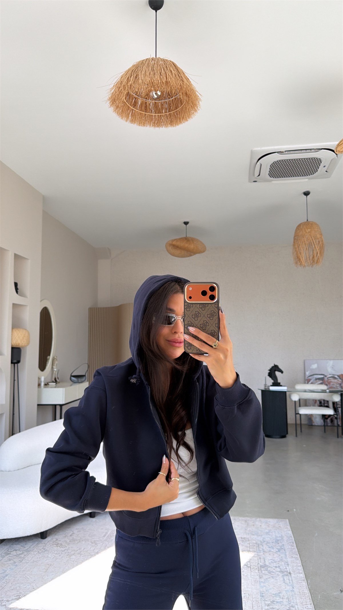 Lacivert Üç İplik Fermuarlı Crop Hoodie