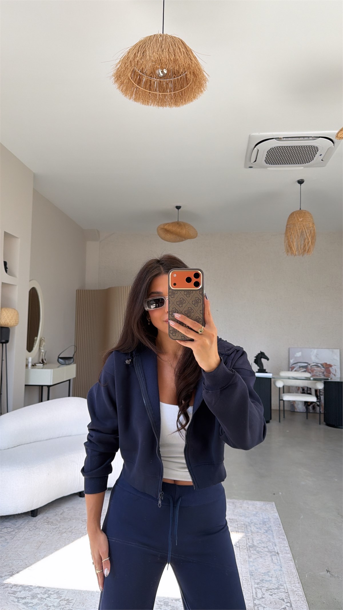 Lacivert Üç İplik Fermuarlı Crop Hoodie