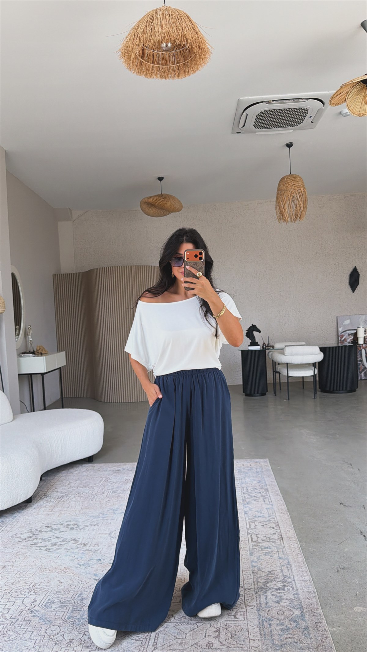 Lacivert Ultra Wide Leg Tensel Pantolon