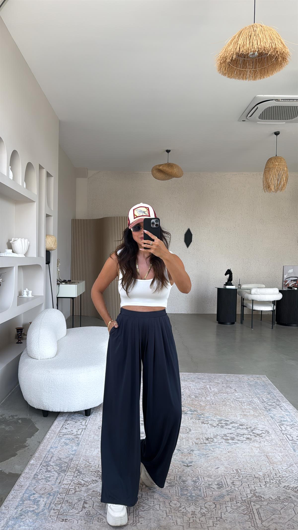 Lacivert Üretim Pileli Bol Paça Eşofman