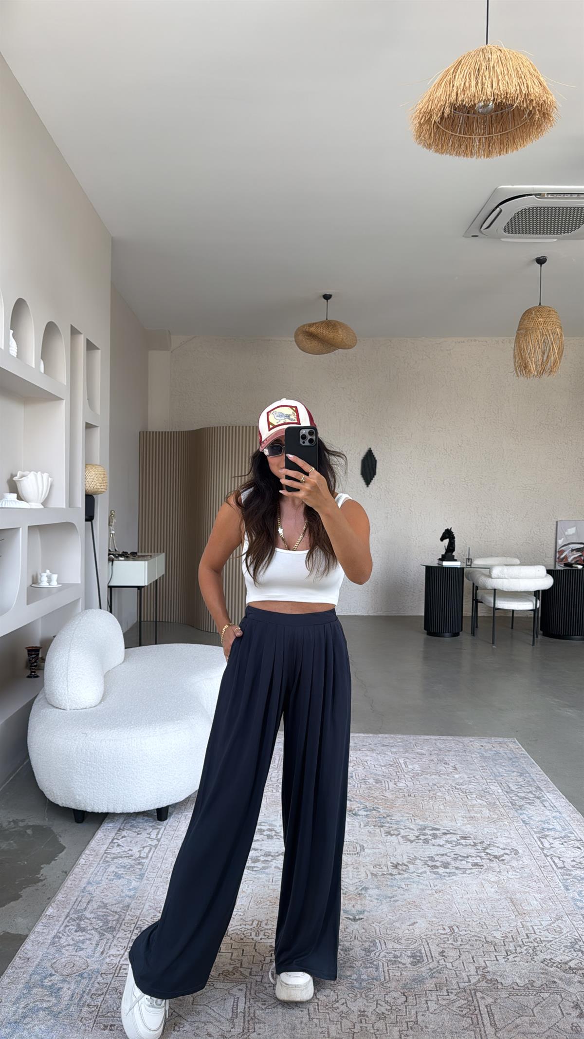 Lacivert Üretim Pileli Bol Paça Eşofman