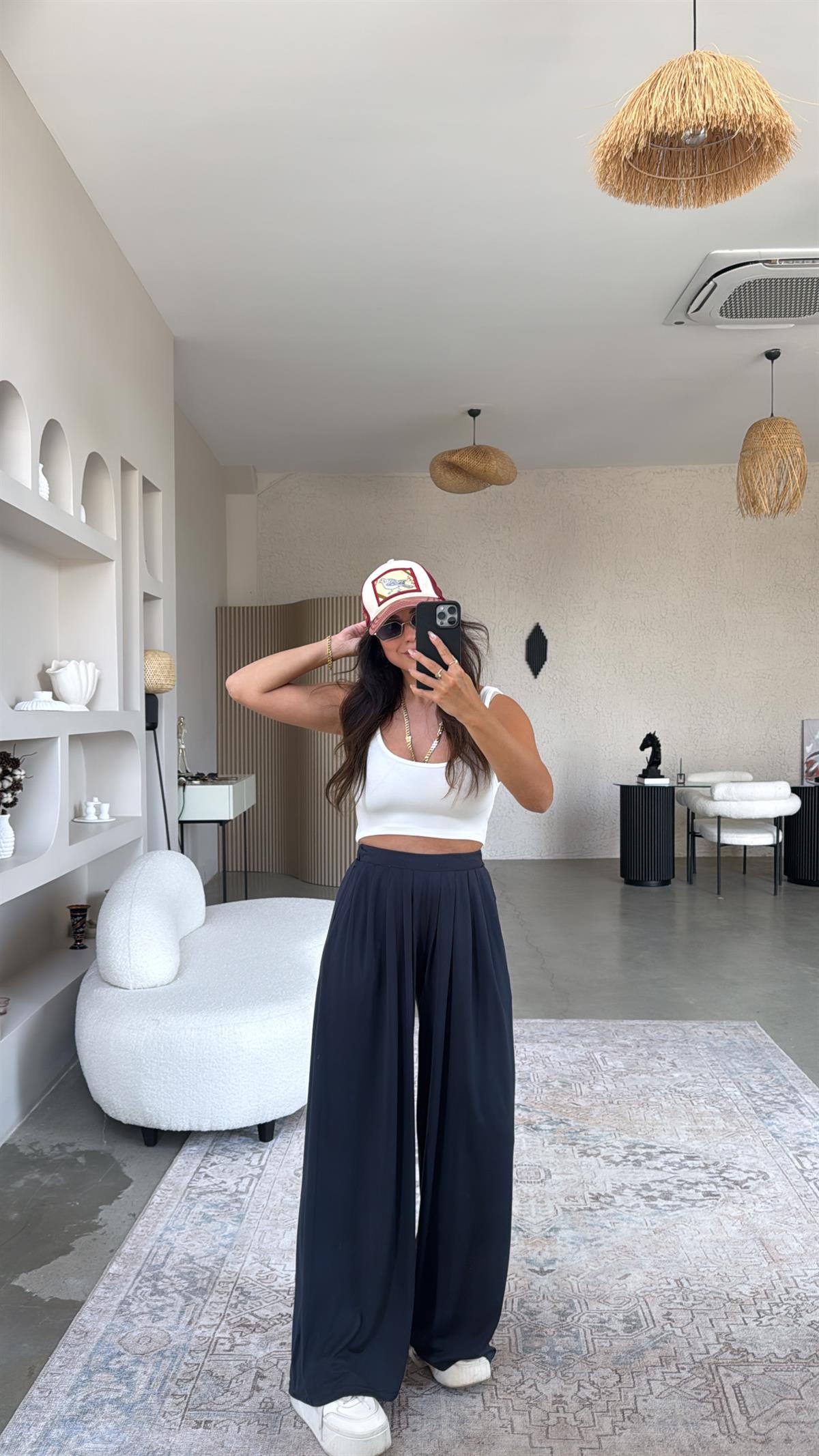 Lacivert Üretim Pileli Bol Paça Eşofman