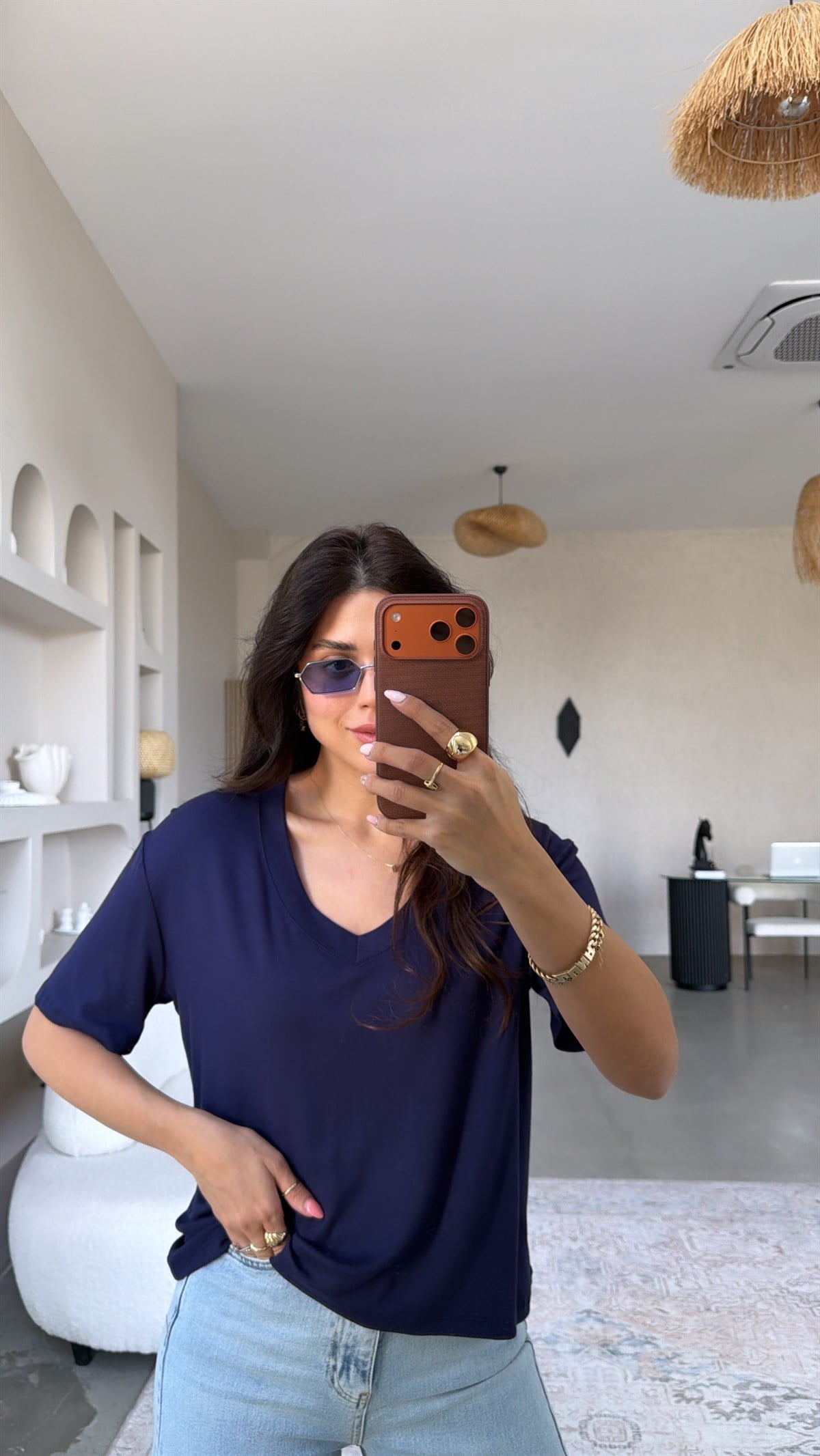 Lacivert V Yaka Kısa Kollu İthal Kumaş Tshirt