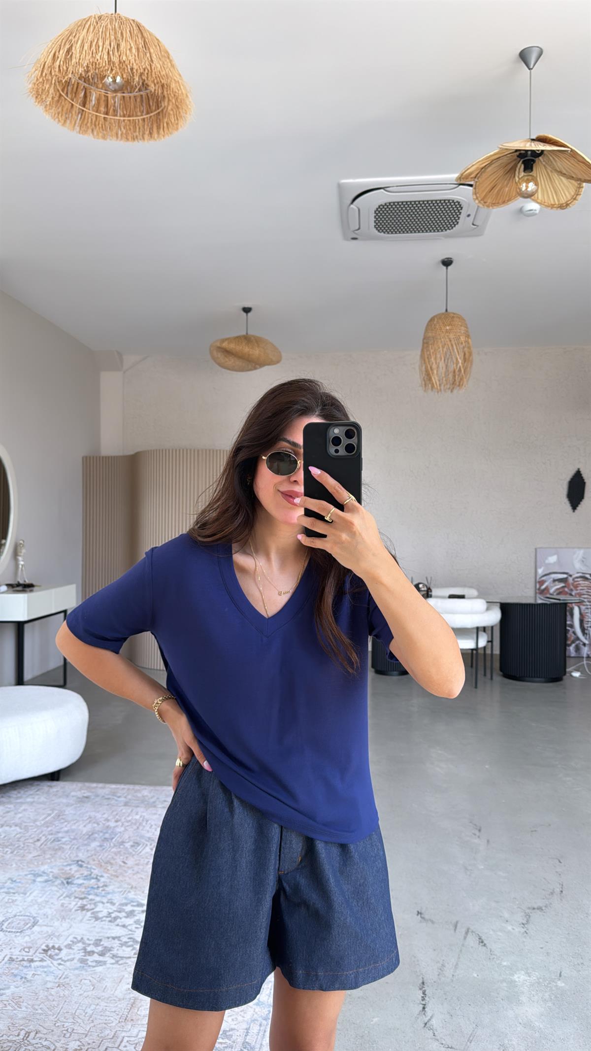 Lacivert V Yaka Salaş Bluz